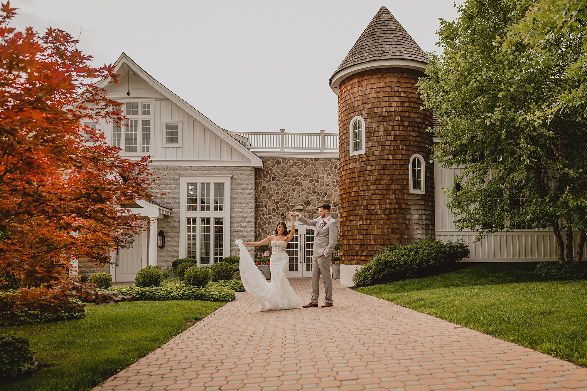 bride and groom dance outside the Ryland Inn