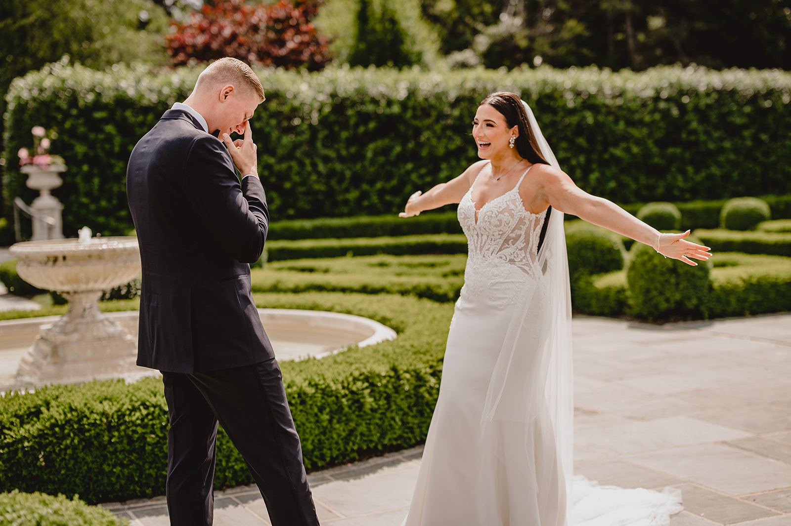 bride and groom react to seeing each other during first look