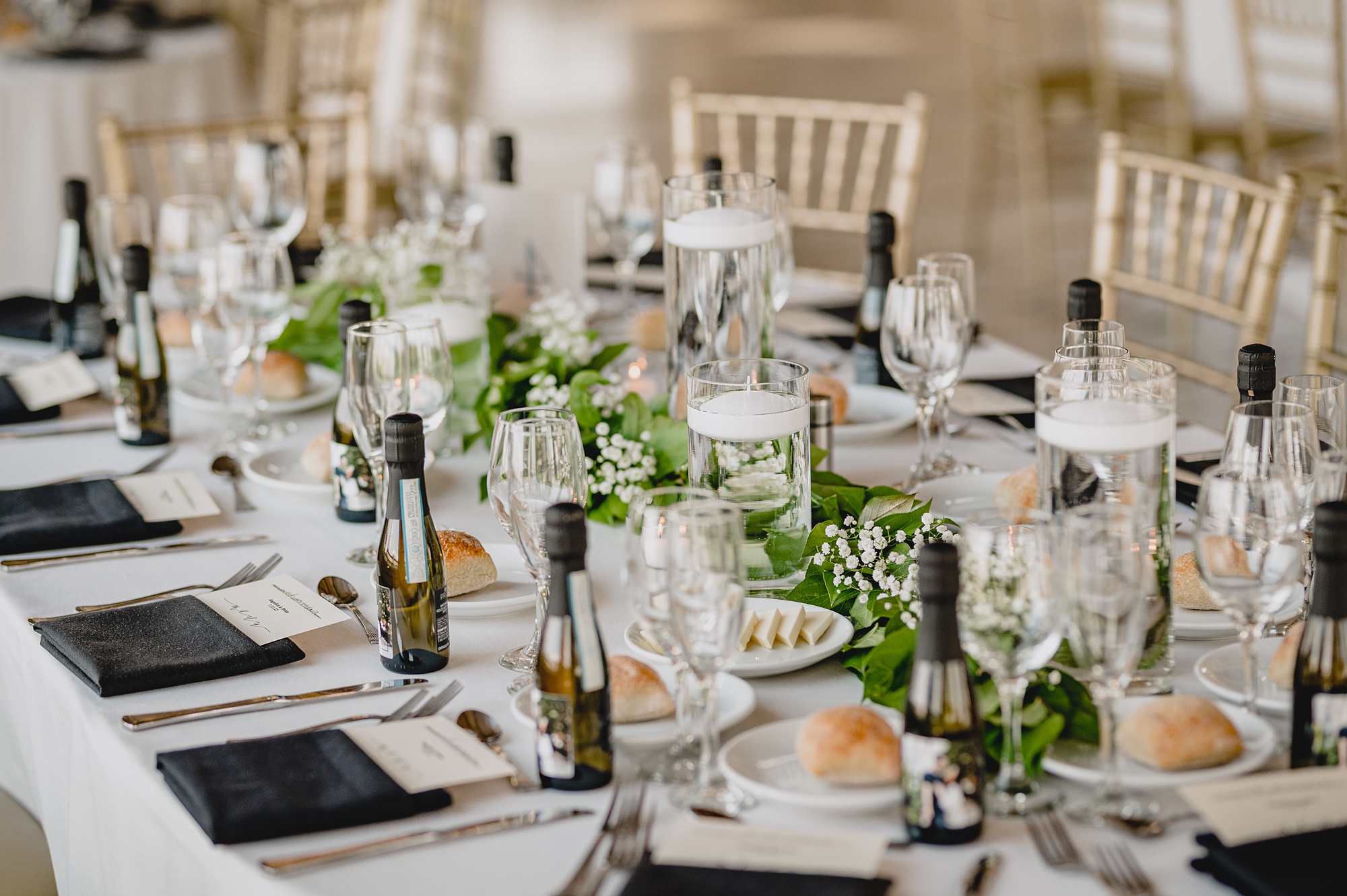 wedding reception with black and white details at the Liberty House