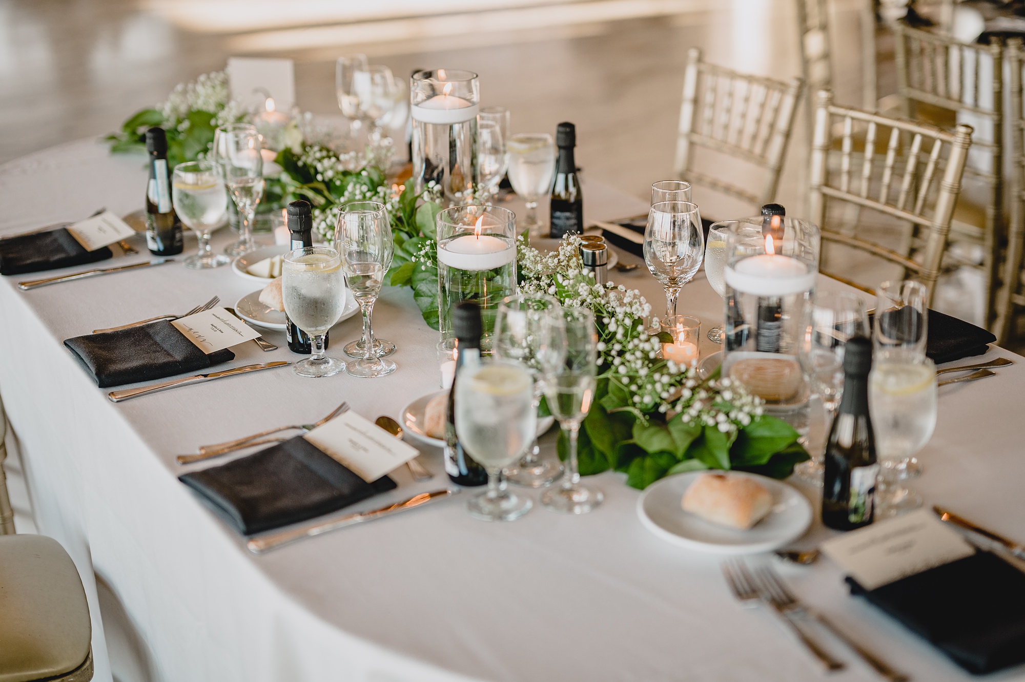 wedding reception with black and white details at the Liberty House