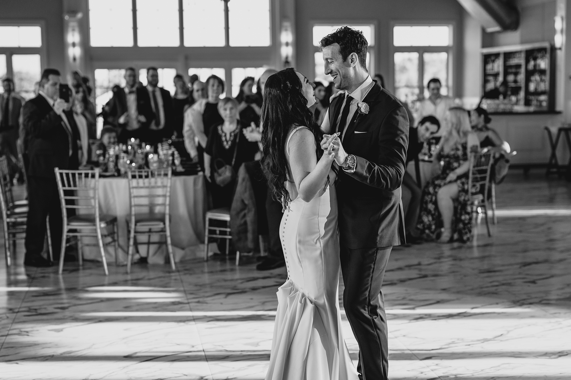 bride and groom dance during reception at the Liberty House