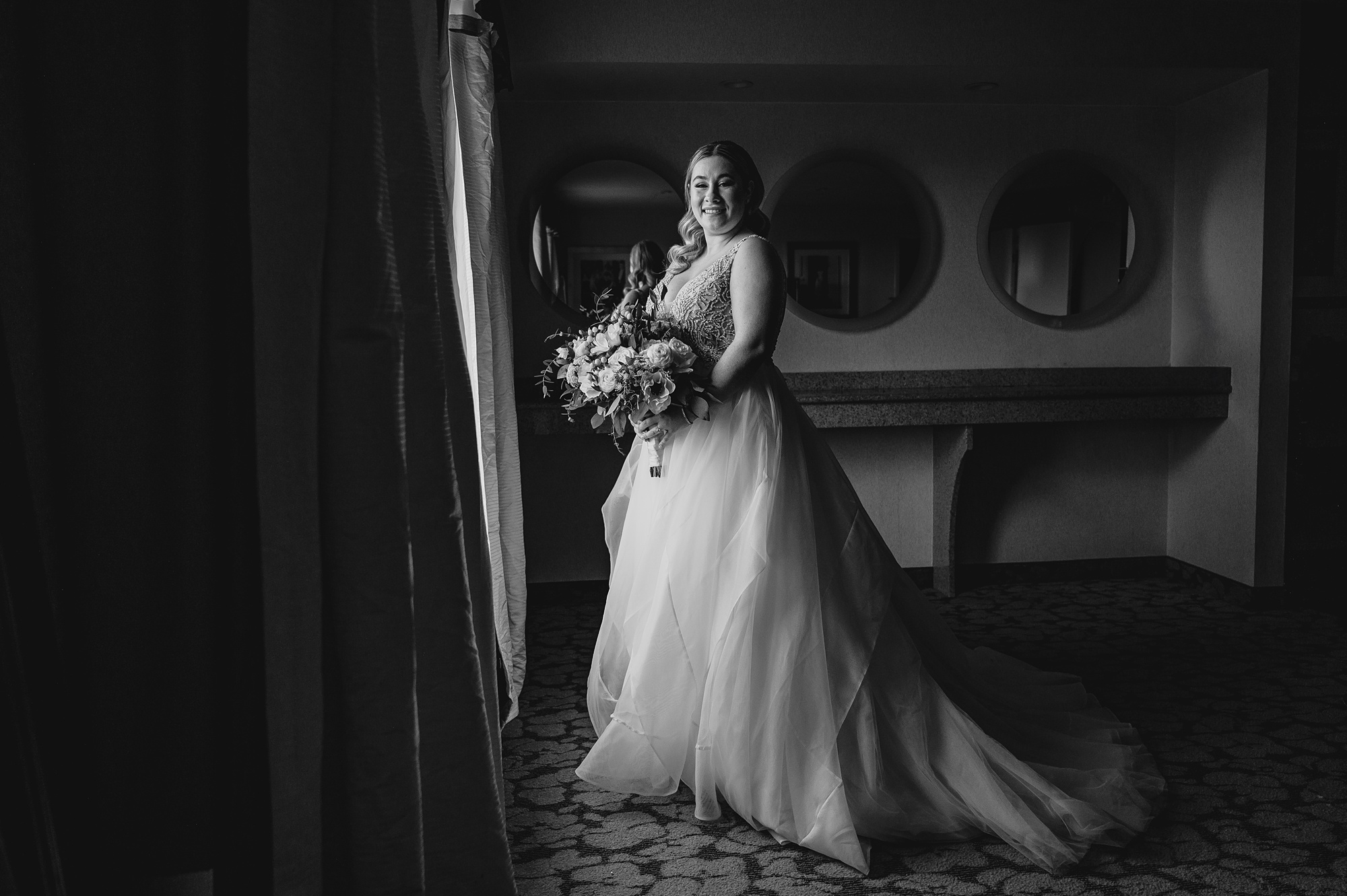 black and white portrait of bride in Staten Island hotel