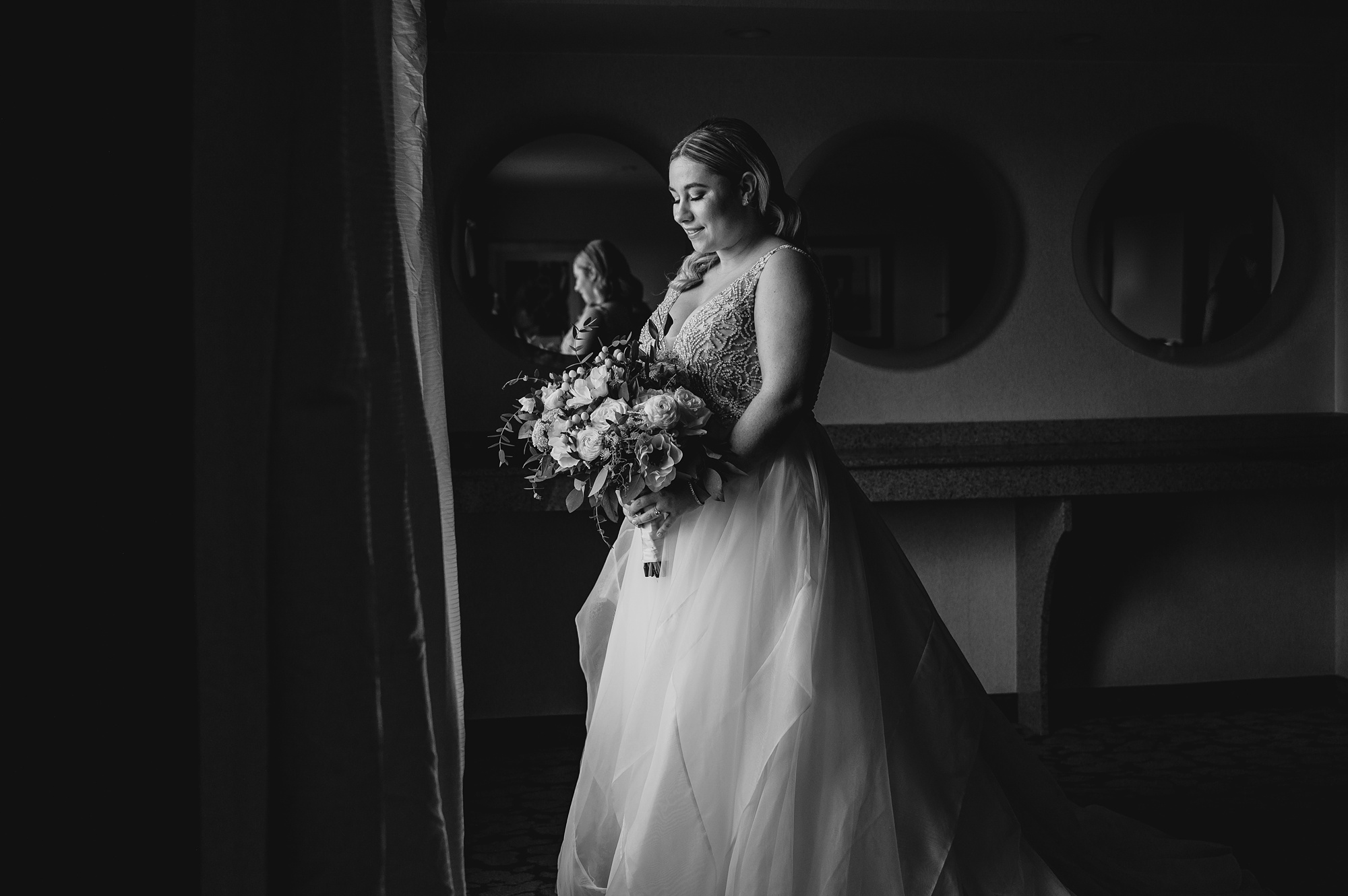 black and white portrait of bride in Staten Island hotel