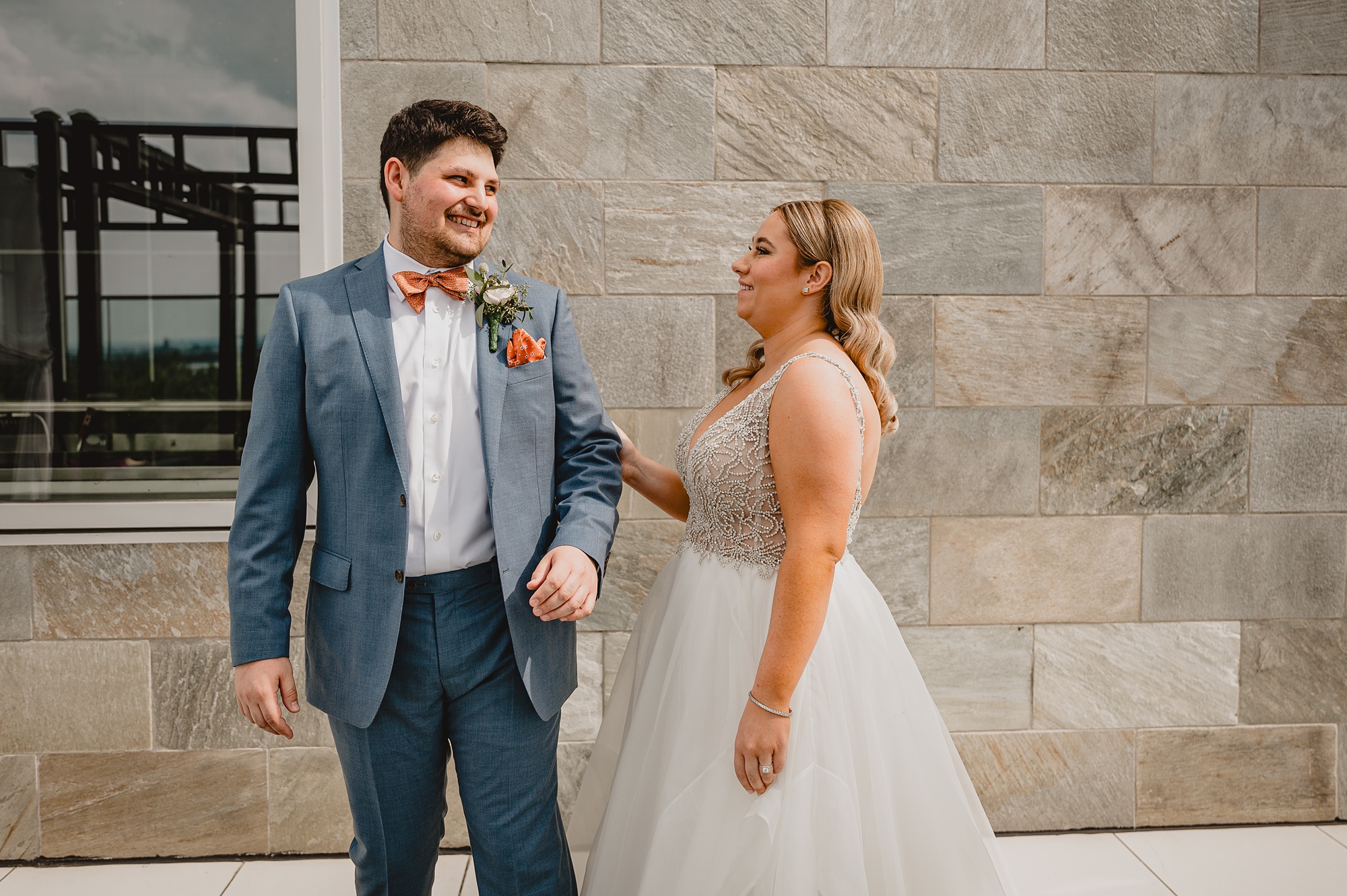 groom turns to bride during first look at Above Staten Island