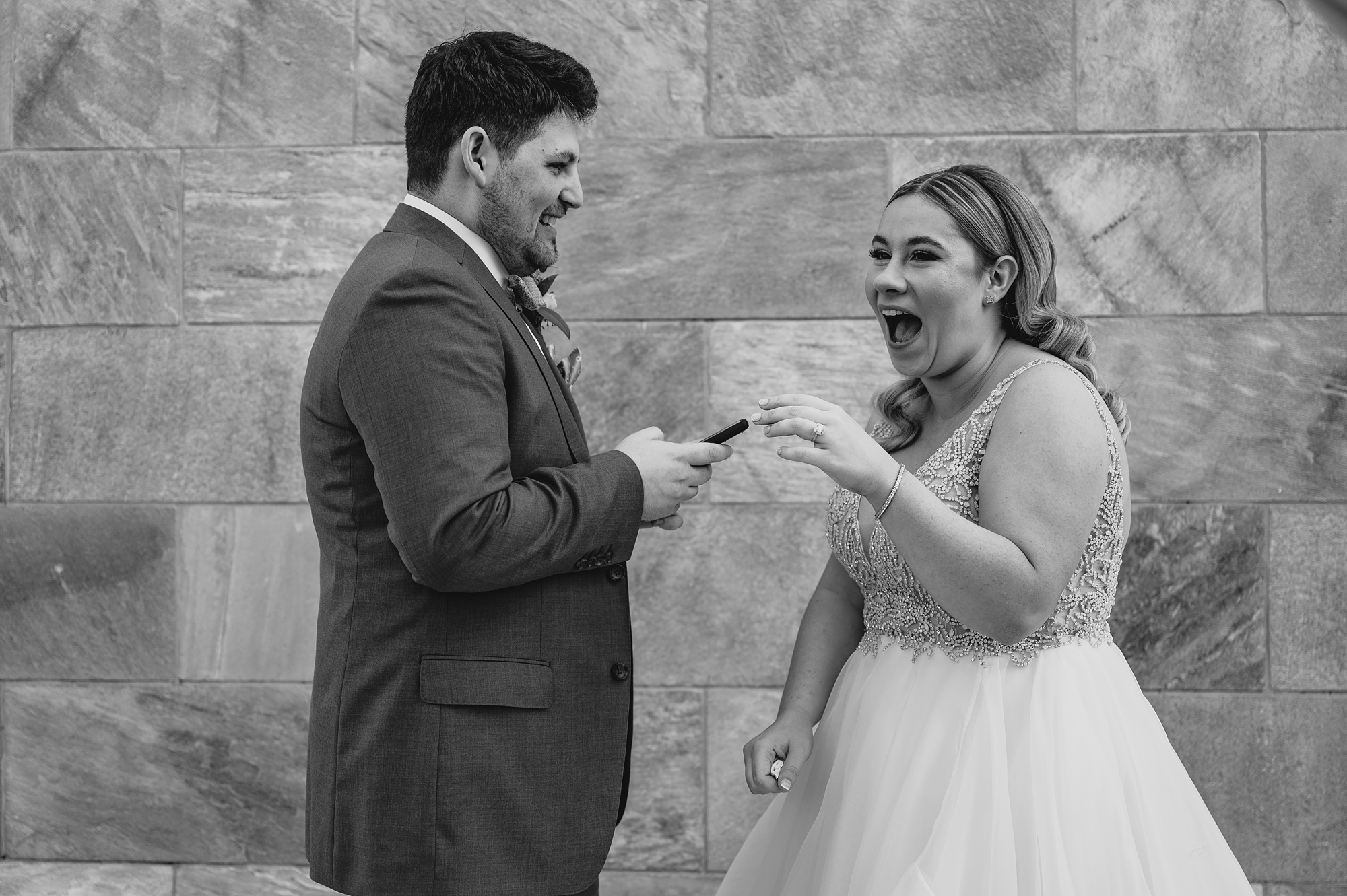 bride laughs during first look with groom for private vow exchange