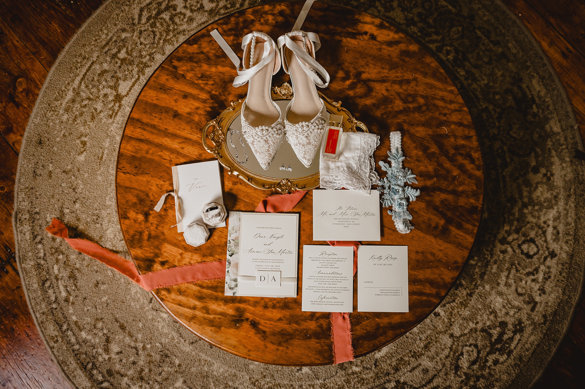 bride's shoes and country inspired invitation suite at David's Country Inn