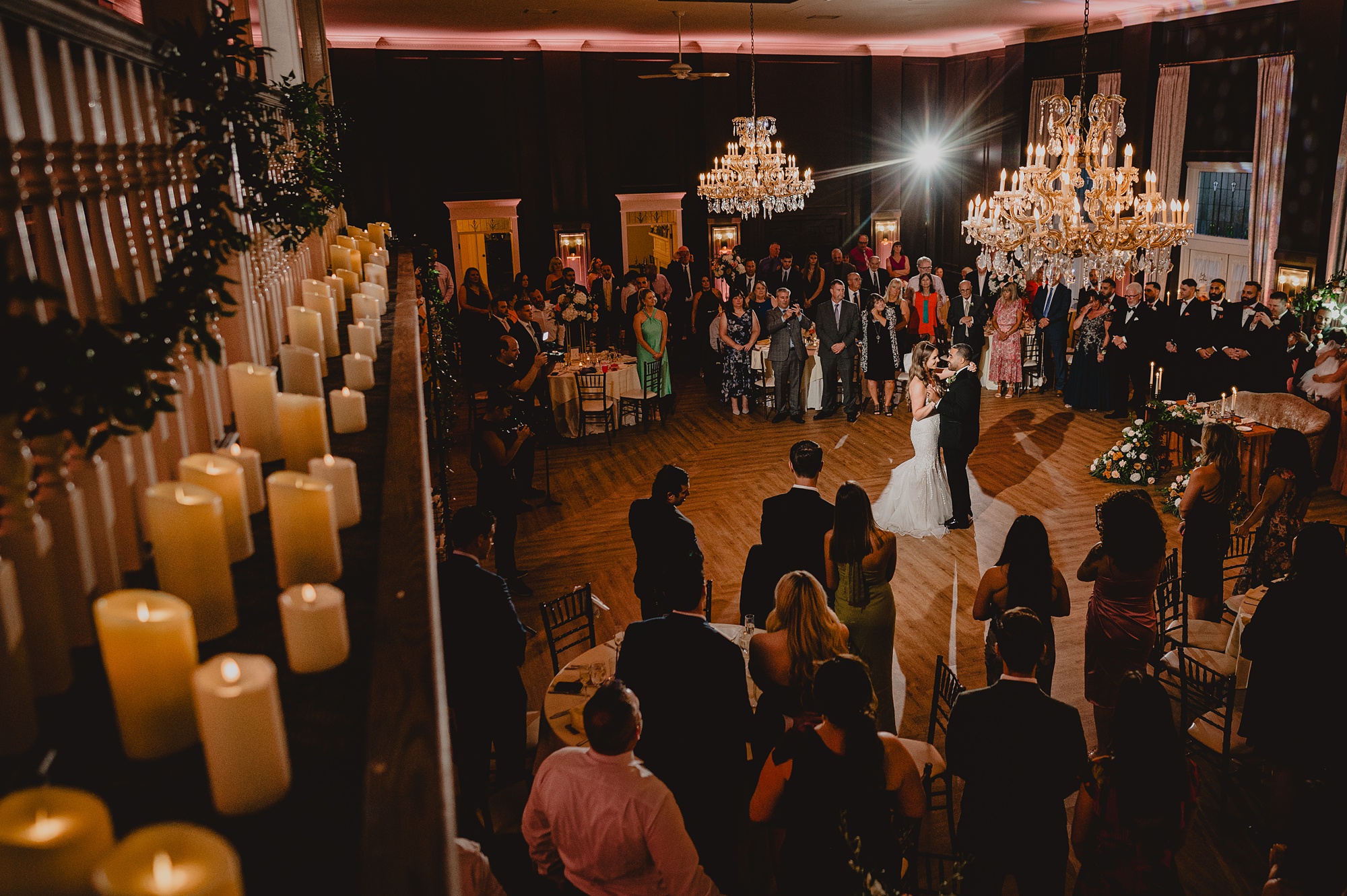 bride and groom dance during reception in balloom at David's Country Inn