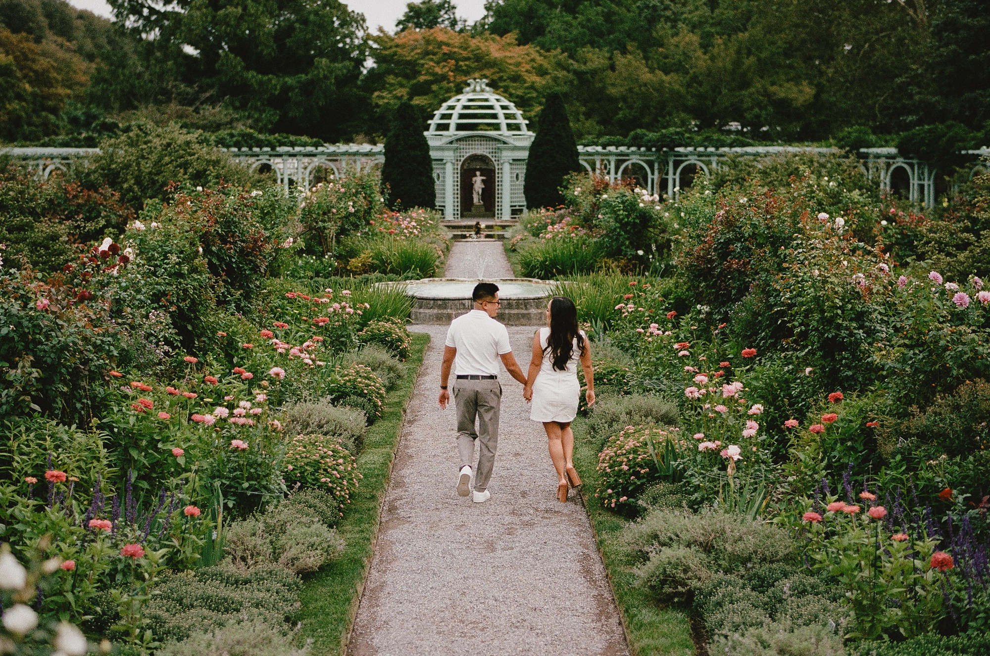 film photo of man and woman walking between rows of flowers at Old Westbury Gardens