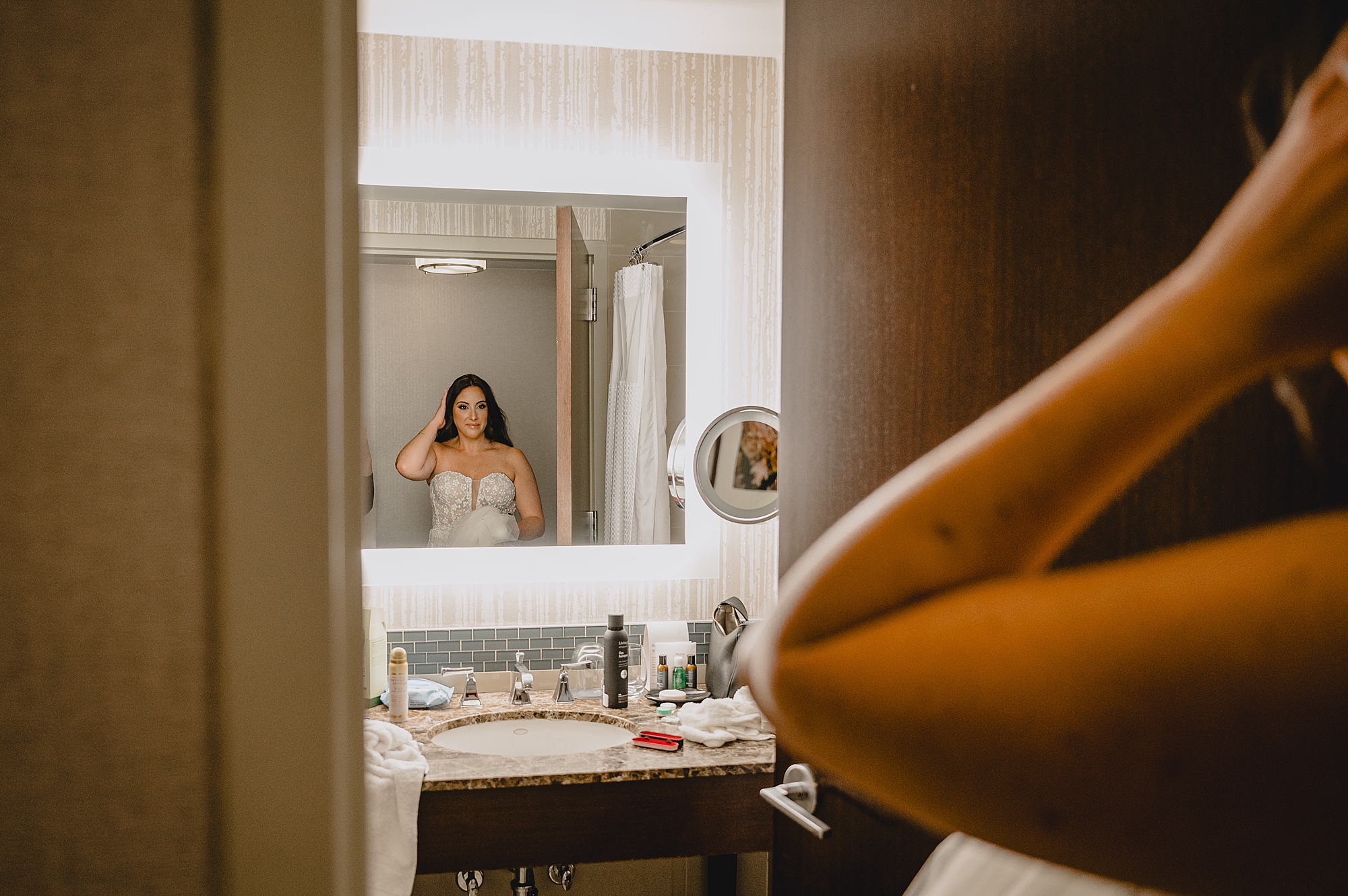 bride prepares for wedding day in Jersey City hotel