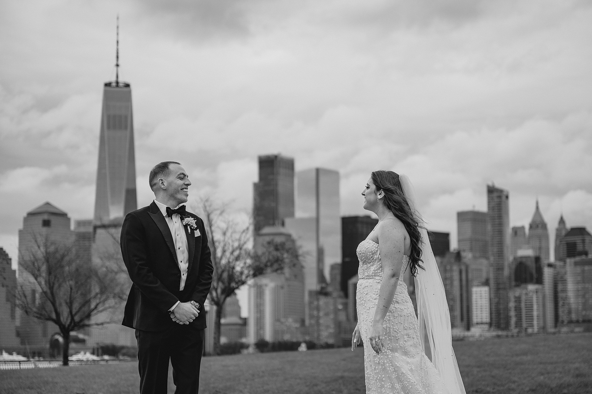 bride and groom meet for first look on patio outside the Liberty House on Hudson River
