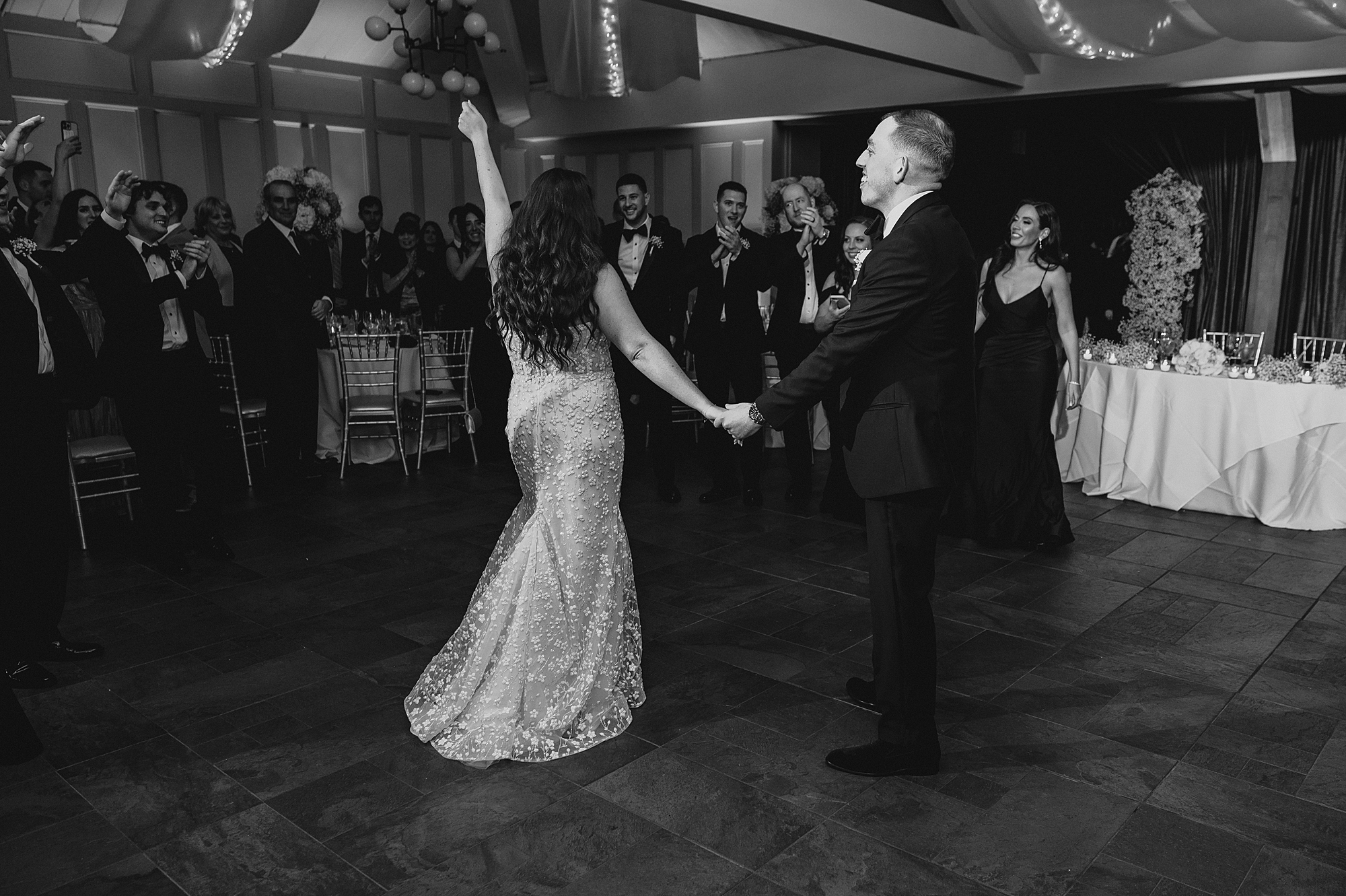 bride and groom start to dance during Jersey City wedding reception