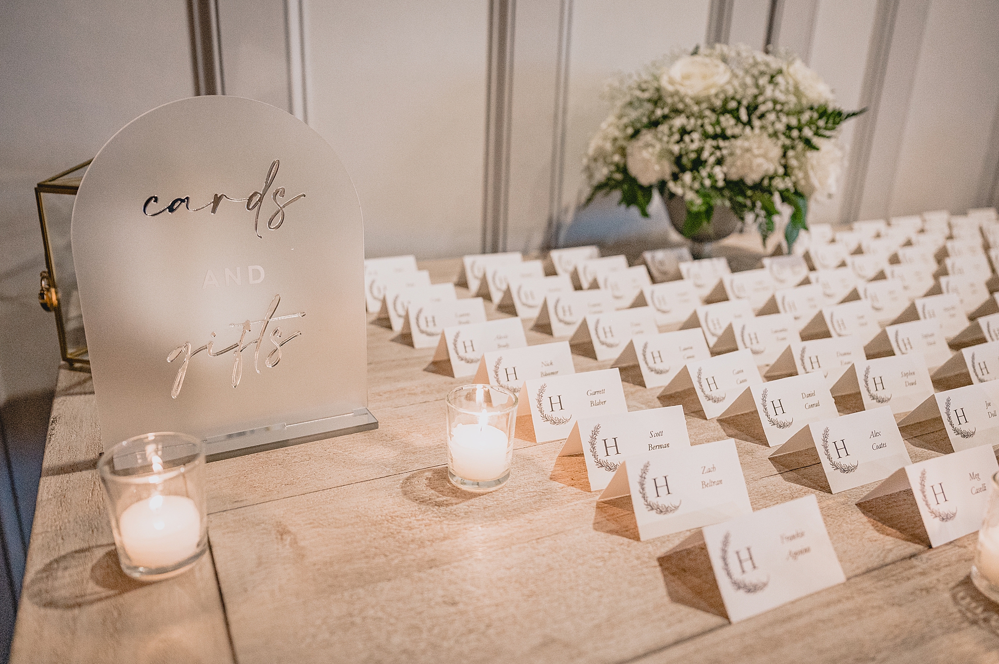 wedding reception seating card display with candles