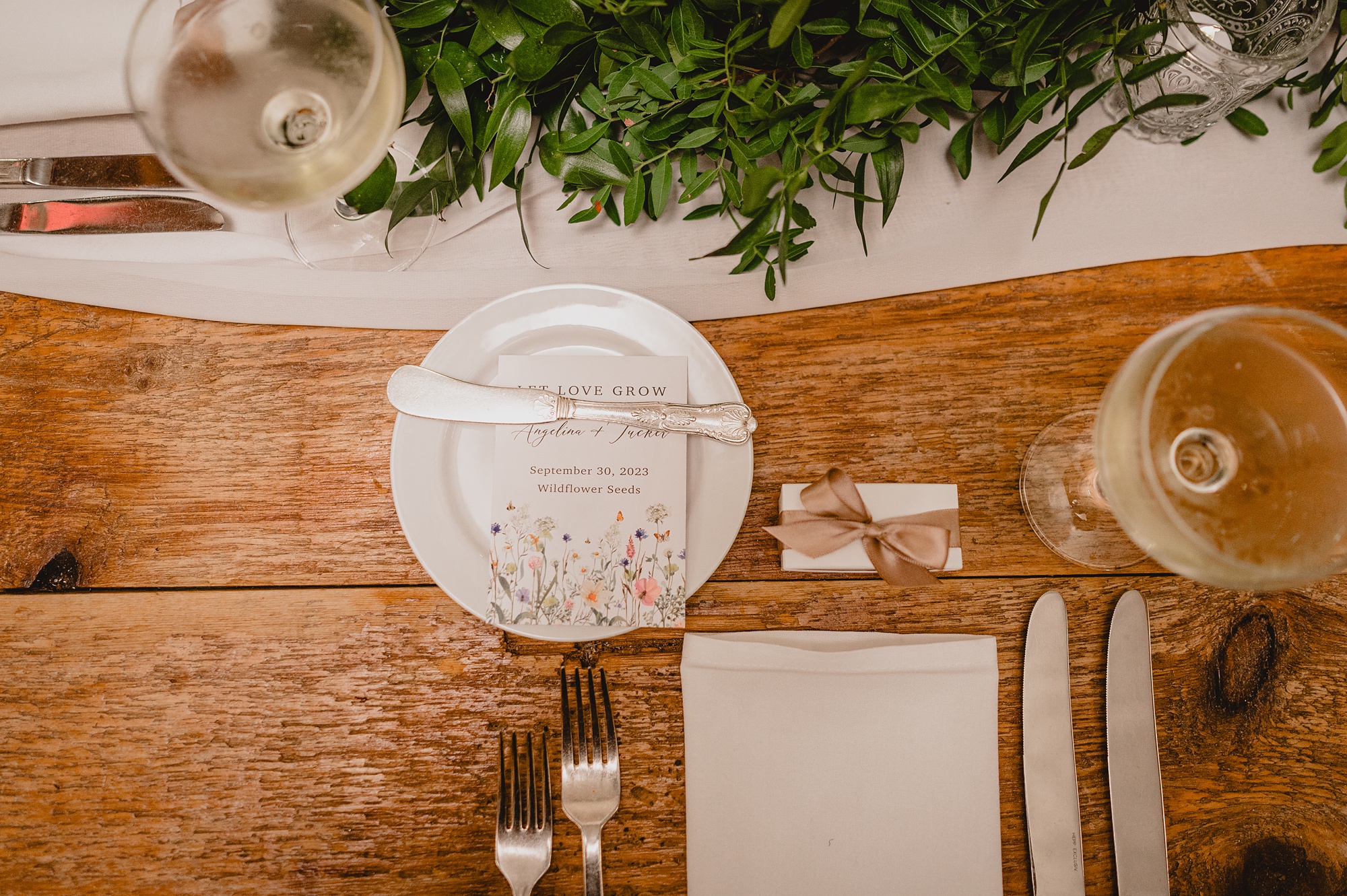 place setting with wildflower menu card for reception at Waterloo Village