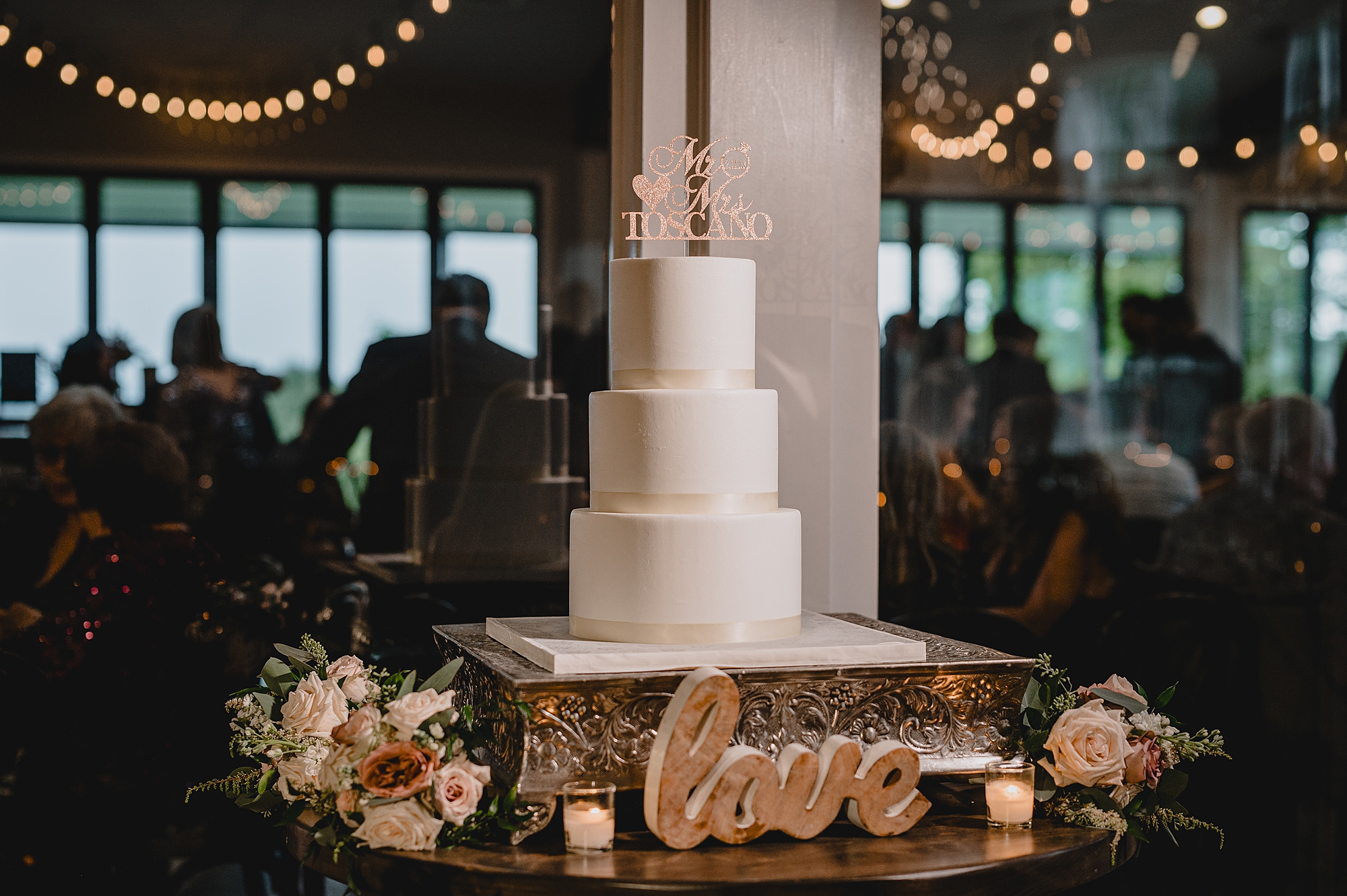 tiered wedding cake for reception at Skyview Golf Club
