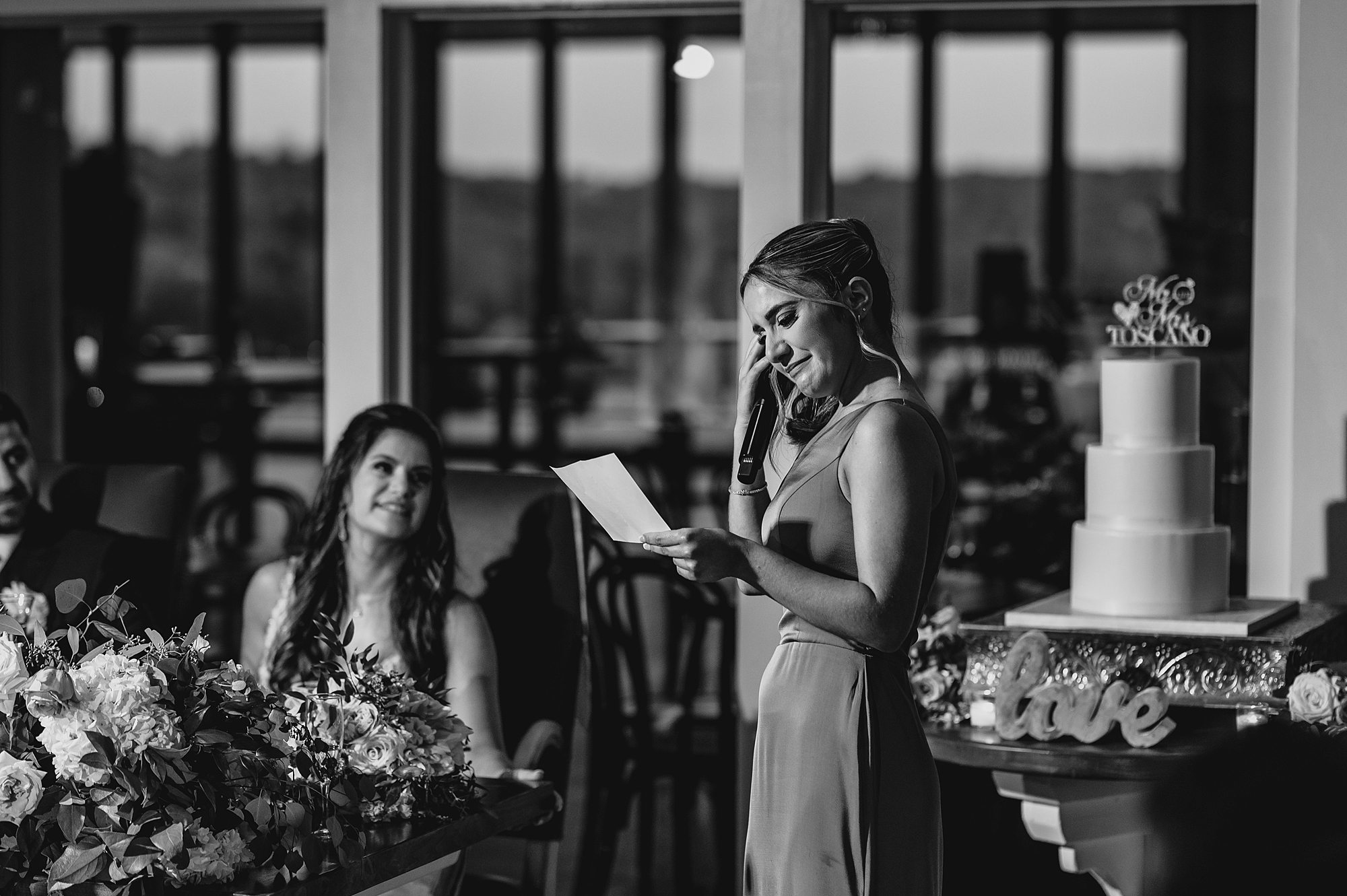 bridesmaid reads speech during Sparta NJ wedding reception