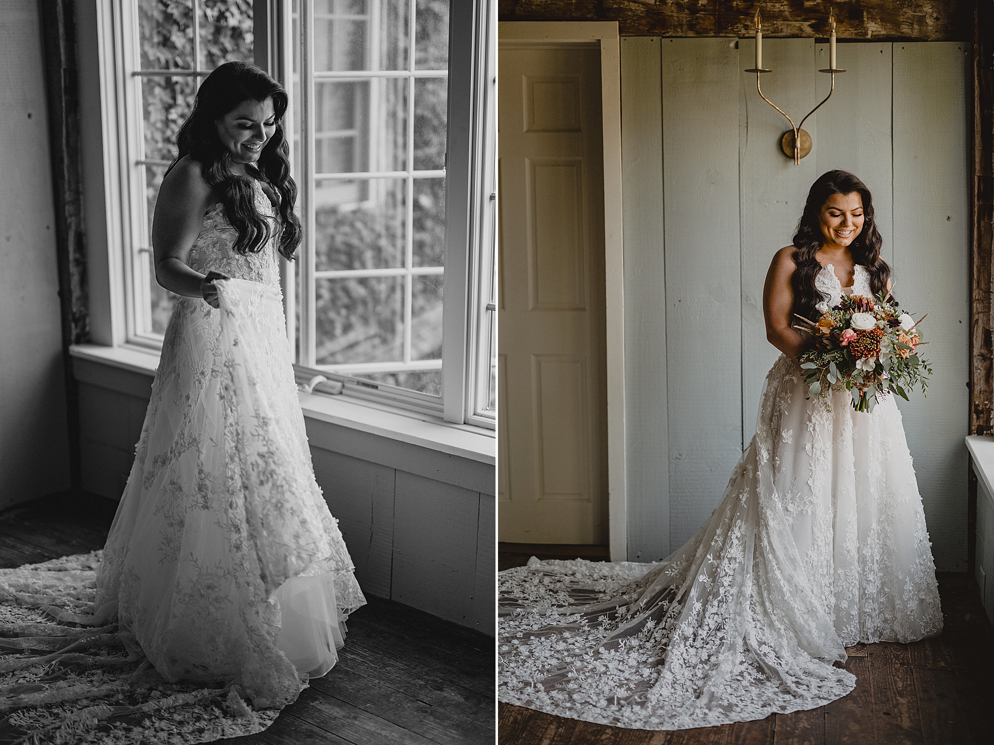 bride stands in wedding gown in suite at Crossed Keys Estate