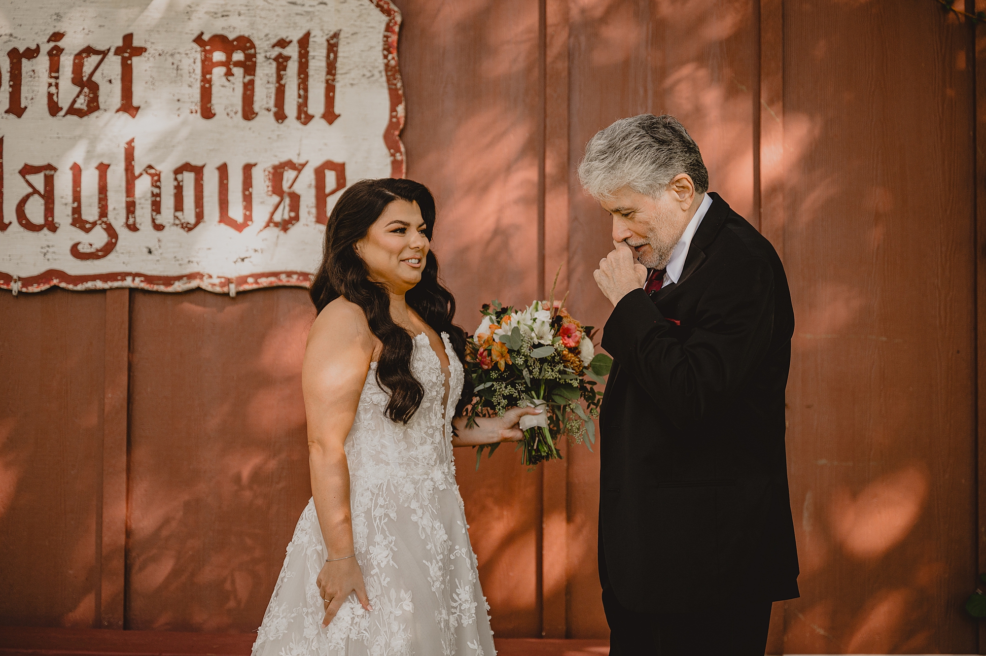 father cries during first look with daughter on wedding day at Crossed Keys Estate