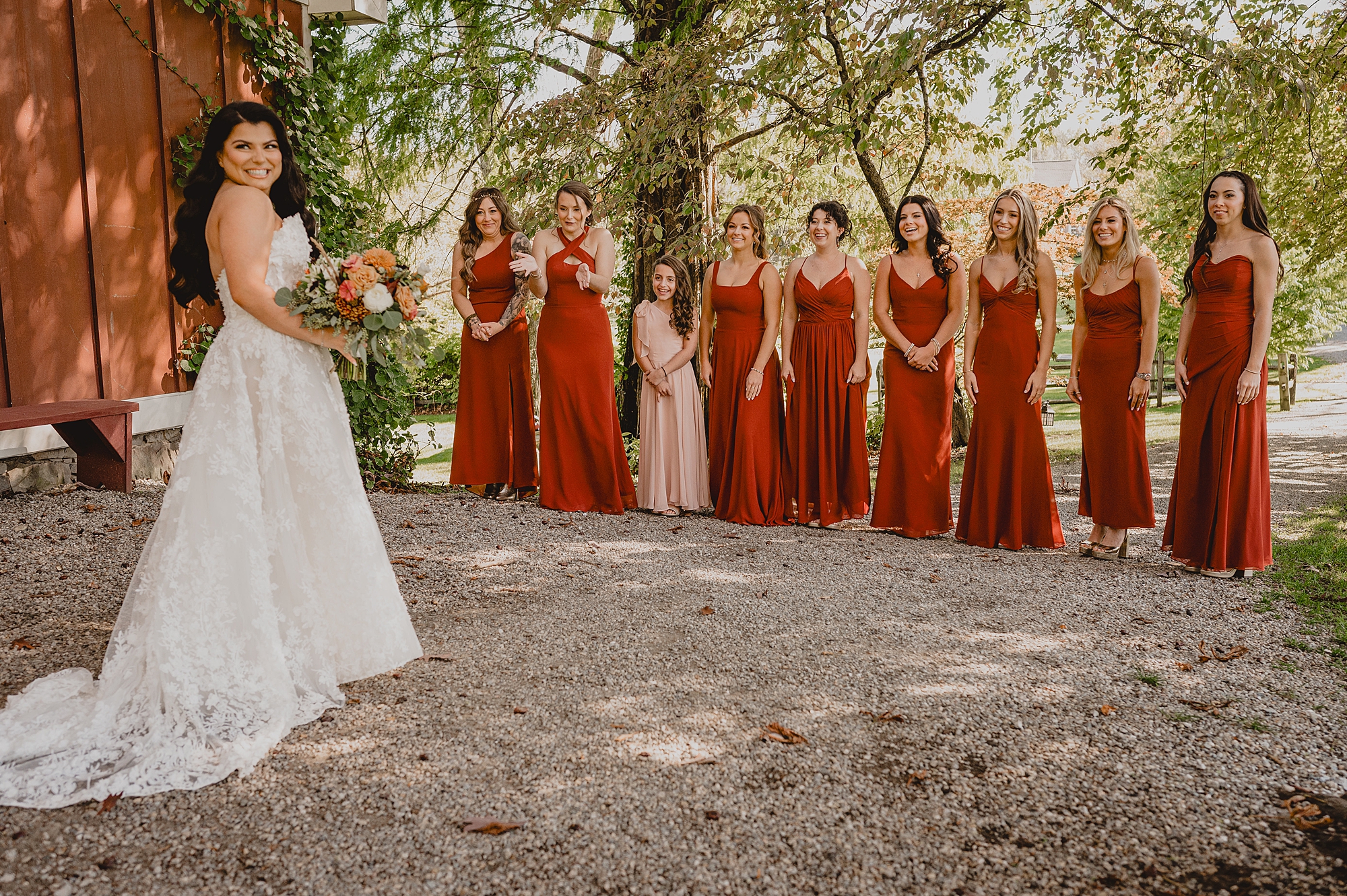 bridesmaids react to seeing bride during first look at Crossed Keys Estate