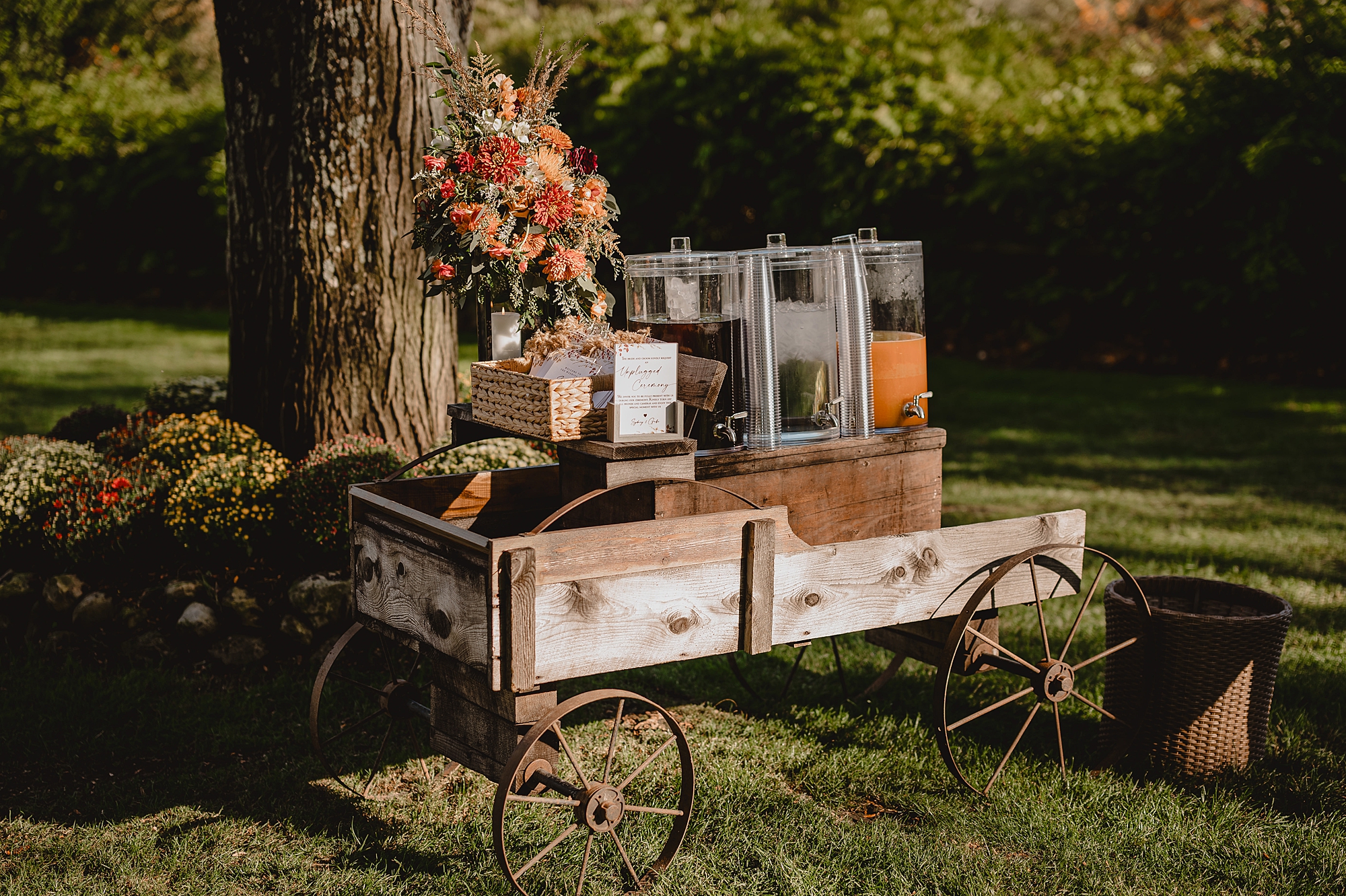 cart sits by ceremony site at Crossed Keys Estate
