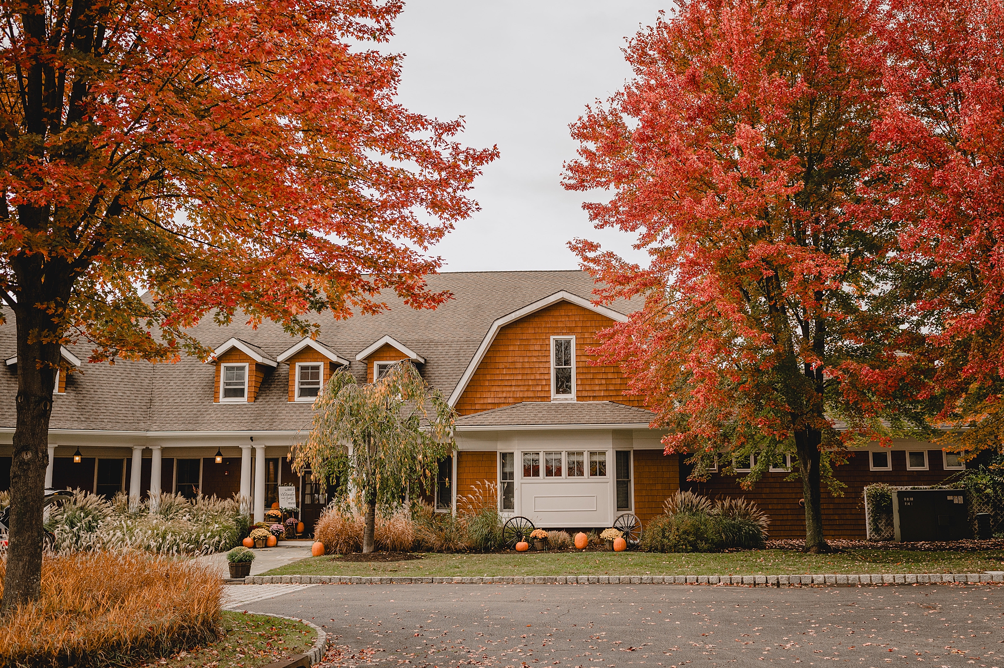 Hollow Brook Golf Club in the fall with red trees 