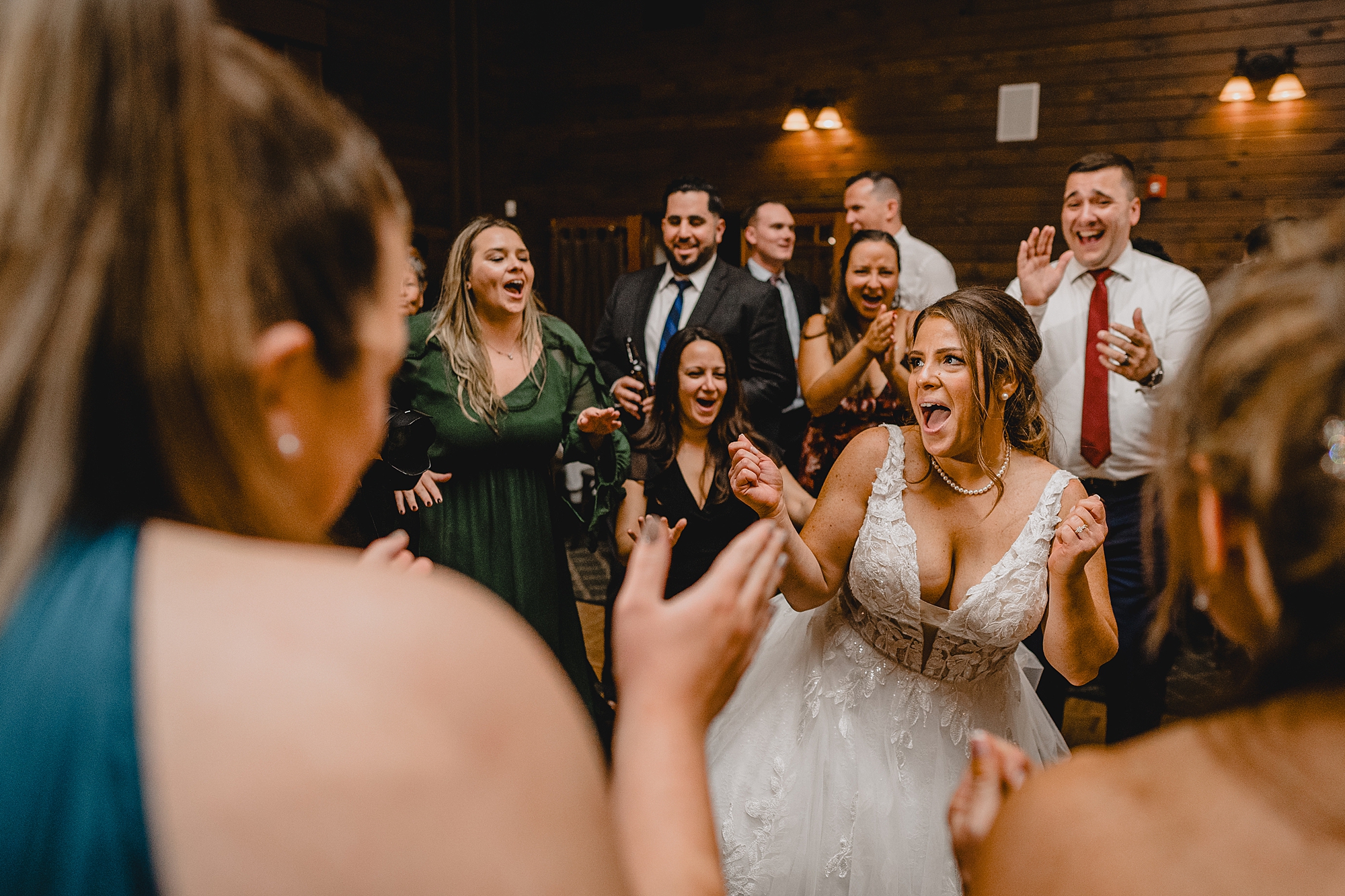 wedding guests dance during Cortlandt, NY reception