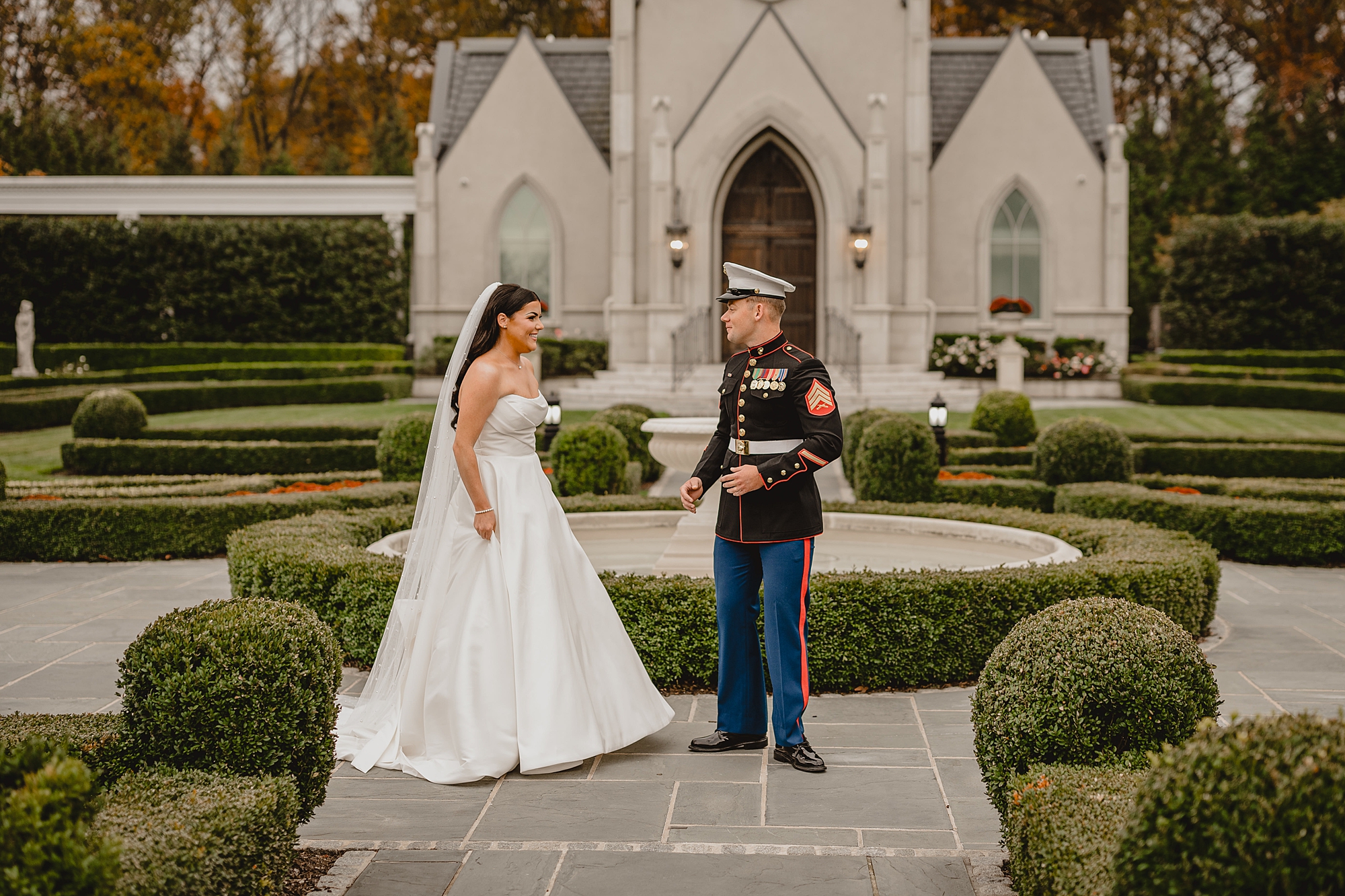 bride and groom meet outside chapel at Park Chateau for first look 