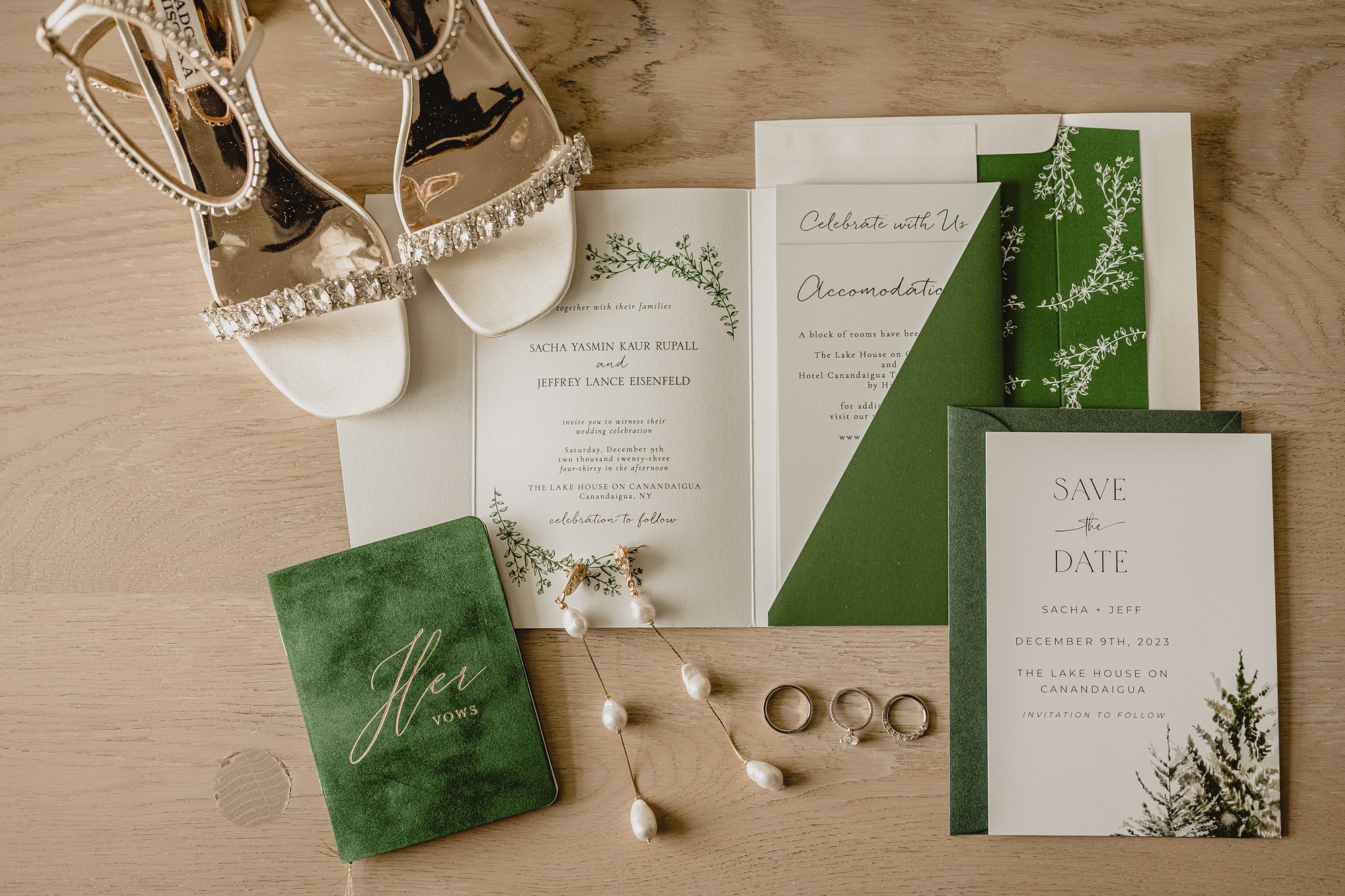 white and green invitation suite for winter wedding in New Jersey