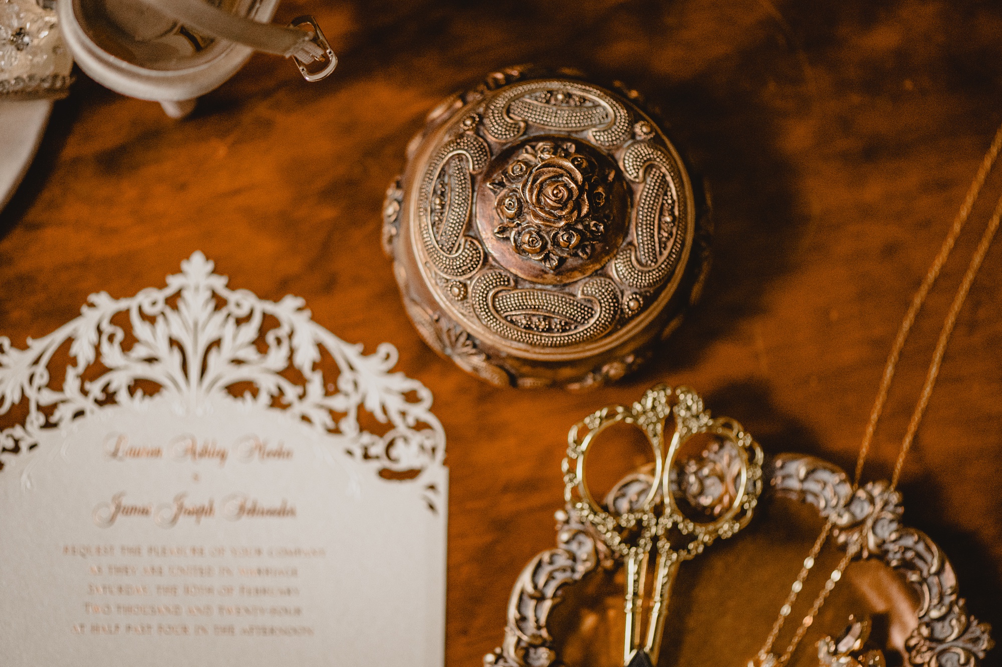 gold scissors and heirloom jewelry box for winter wedding at David's Country Inn