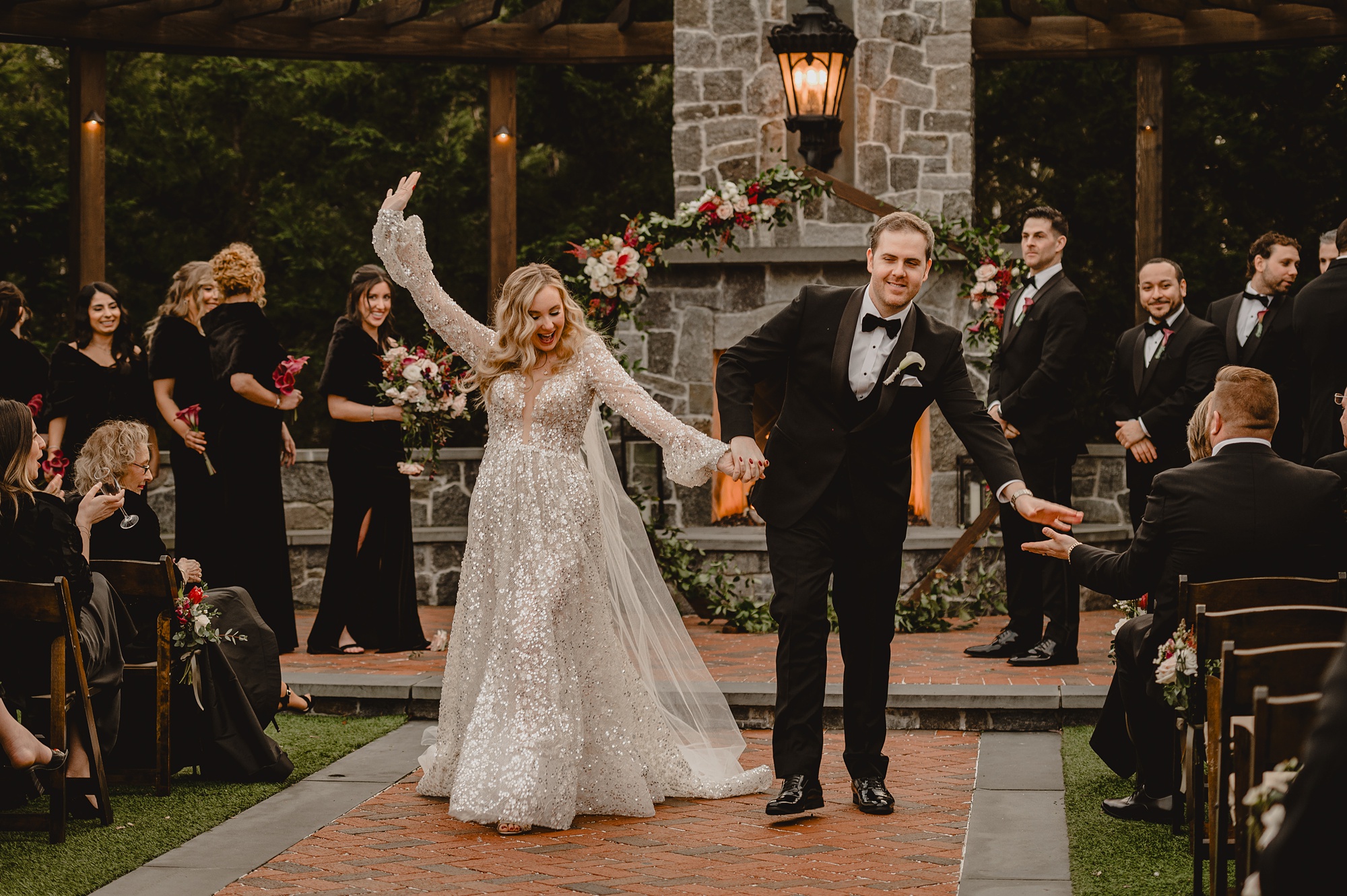 bride and groom cheer leaving David's Country Inn wedding ceremony