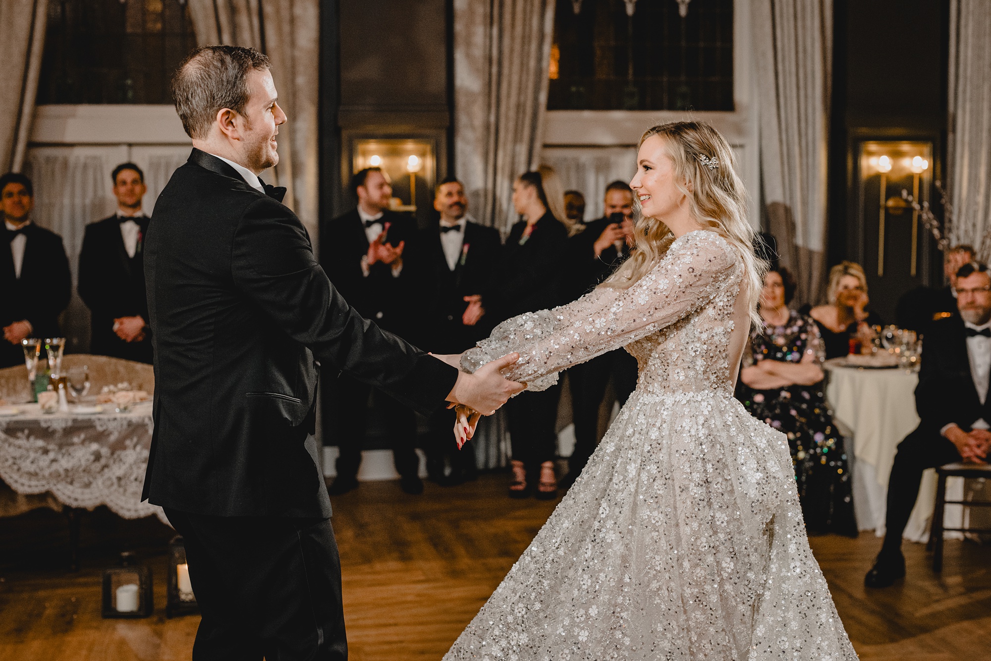 bride and groom dance together during New Jersey wedding reception