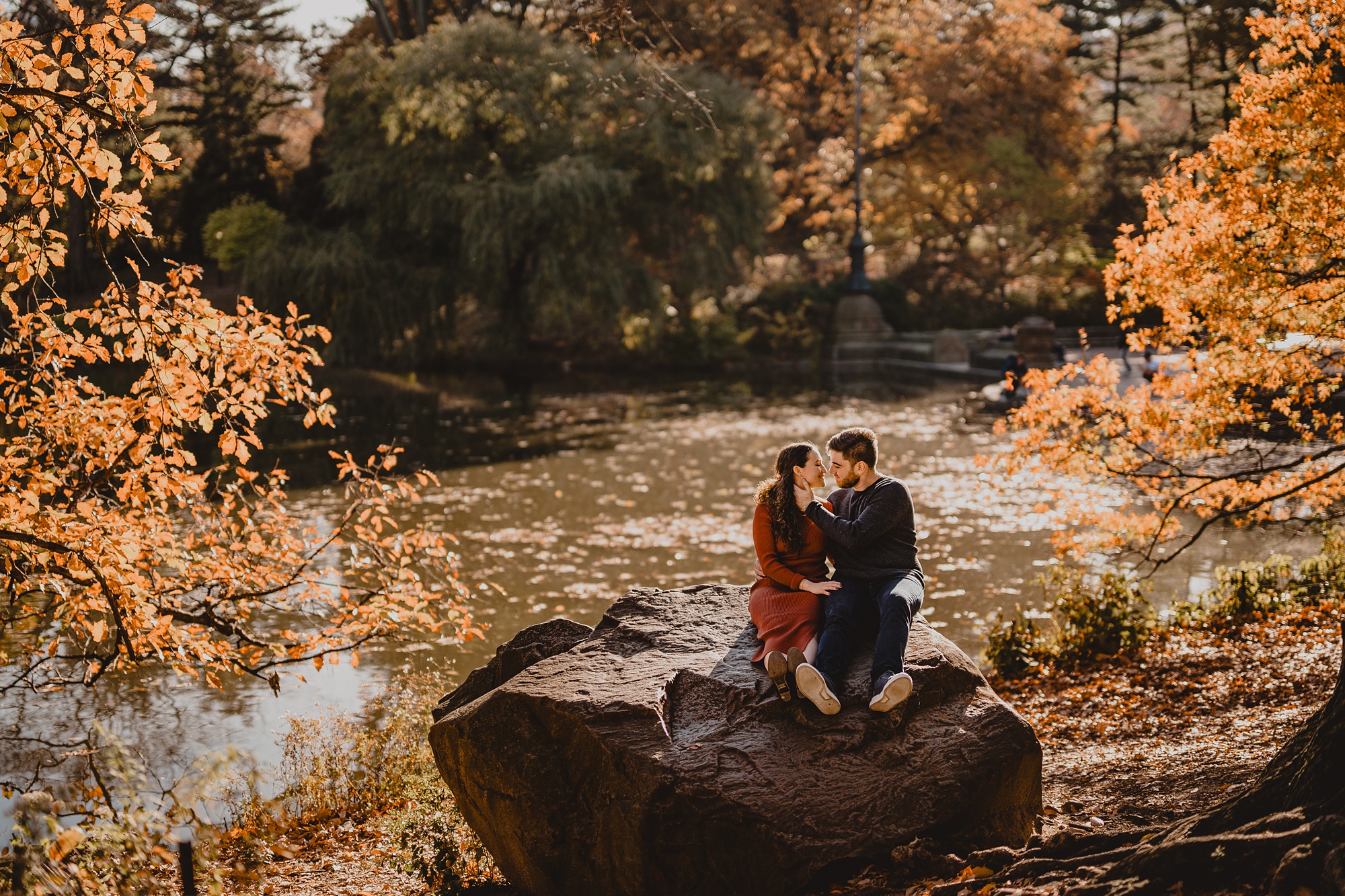 engaged couple sits on rocks in the Ramble in Central Park