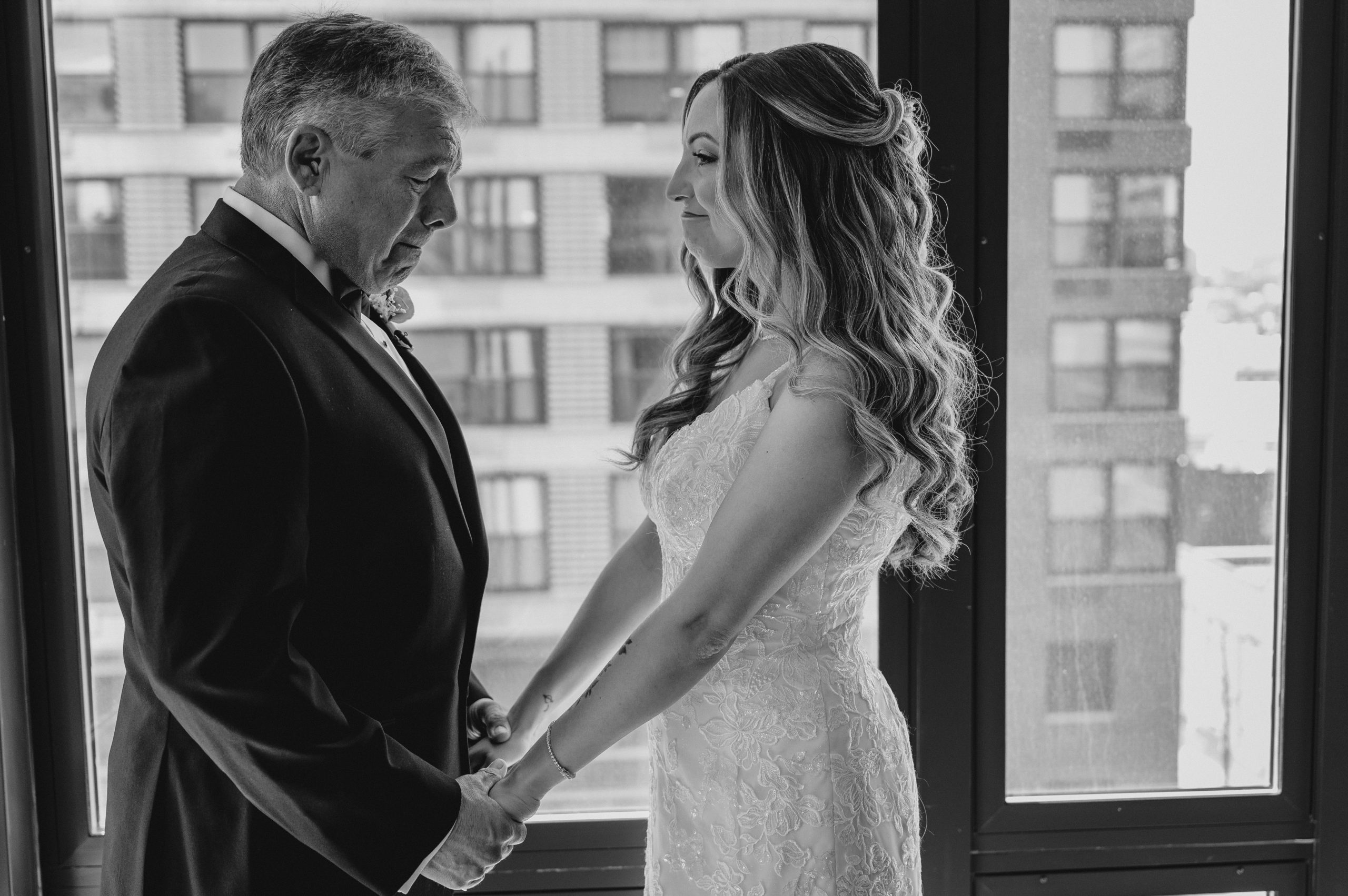 Bride's first look with her father before her wedding at Maritime Parc.