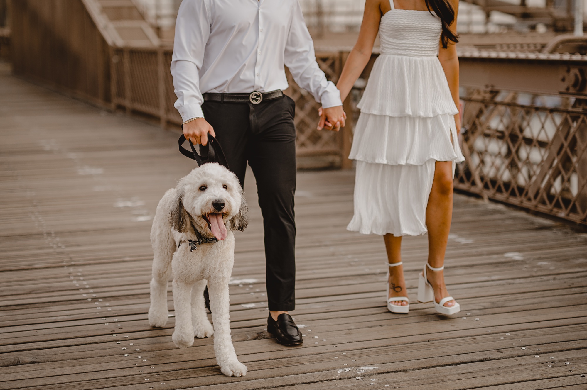 engaged couple holds hands walking with dog on the Brooklyn Bridge