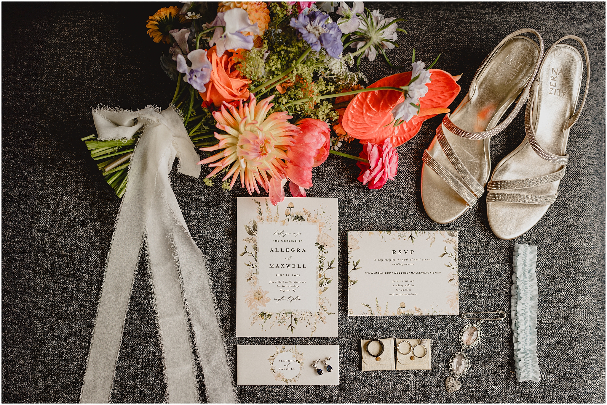 bride's ivory shoes and bright flower bouquet for wedding at sussex country fairgrounds