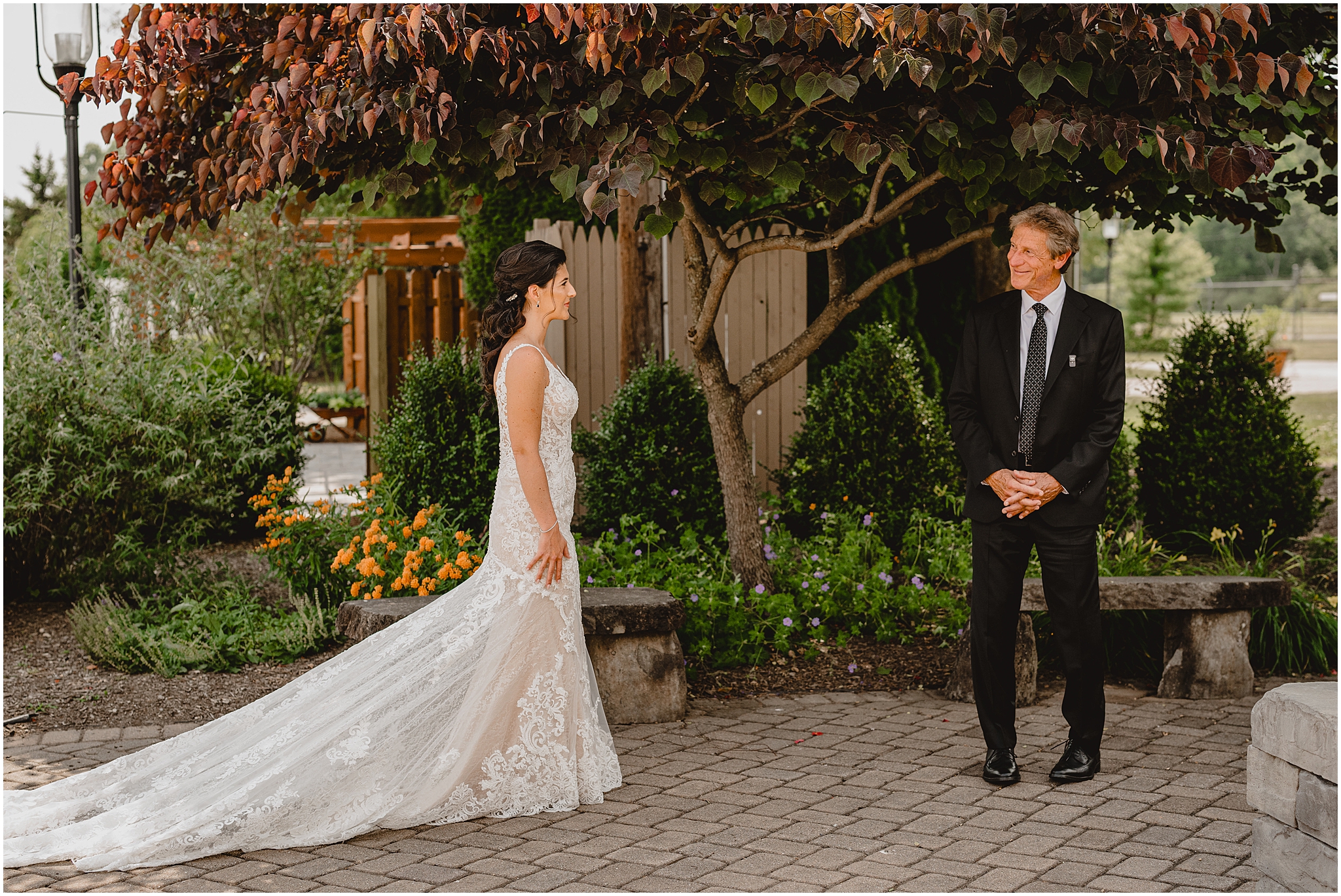 bride approaches father for first look at the Conservatory in New Jersey
