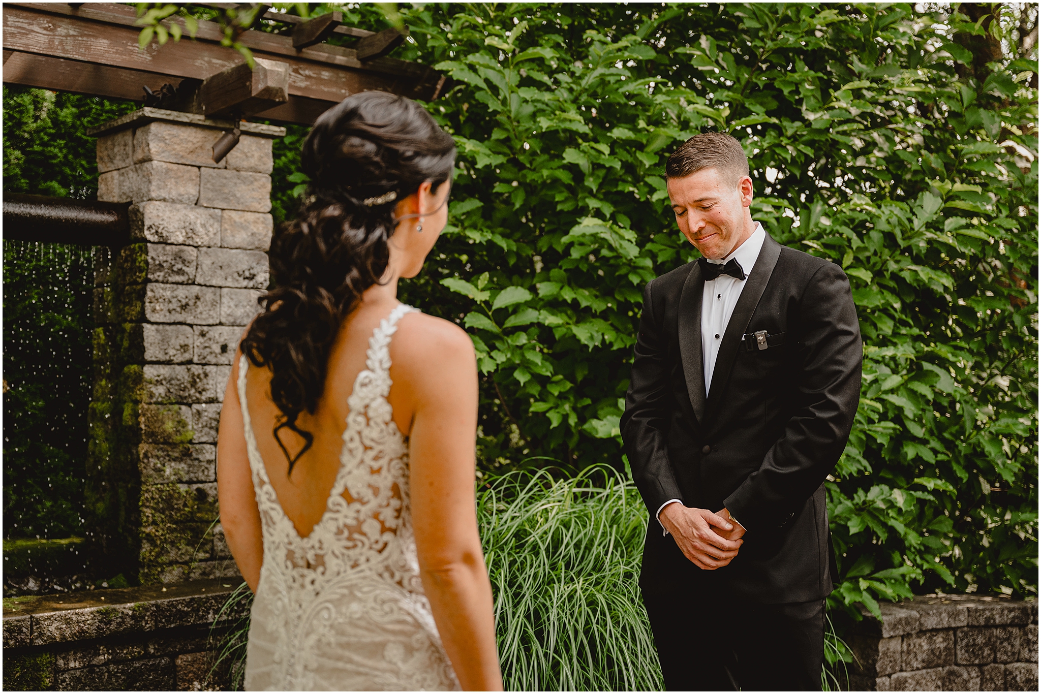 groom cries during first look at the Conservatory in New Jersey