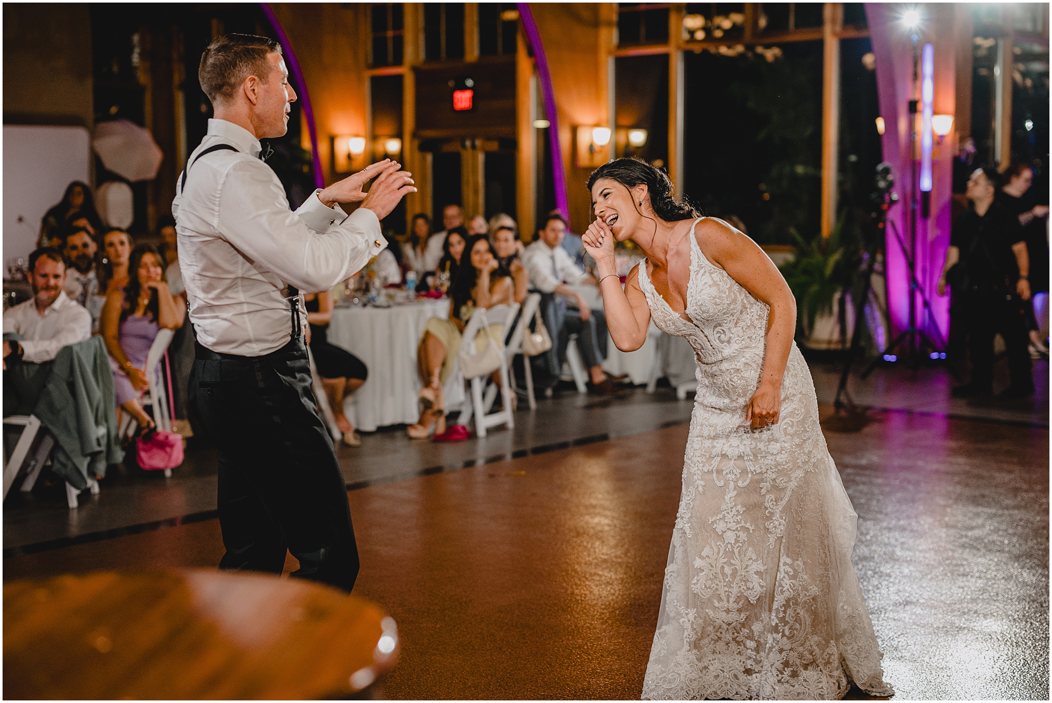 bride and groom sing and play air instruments during wedding reception at Conservatory at Sussex County Fairgrounds