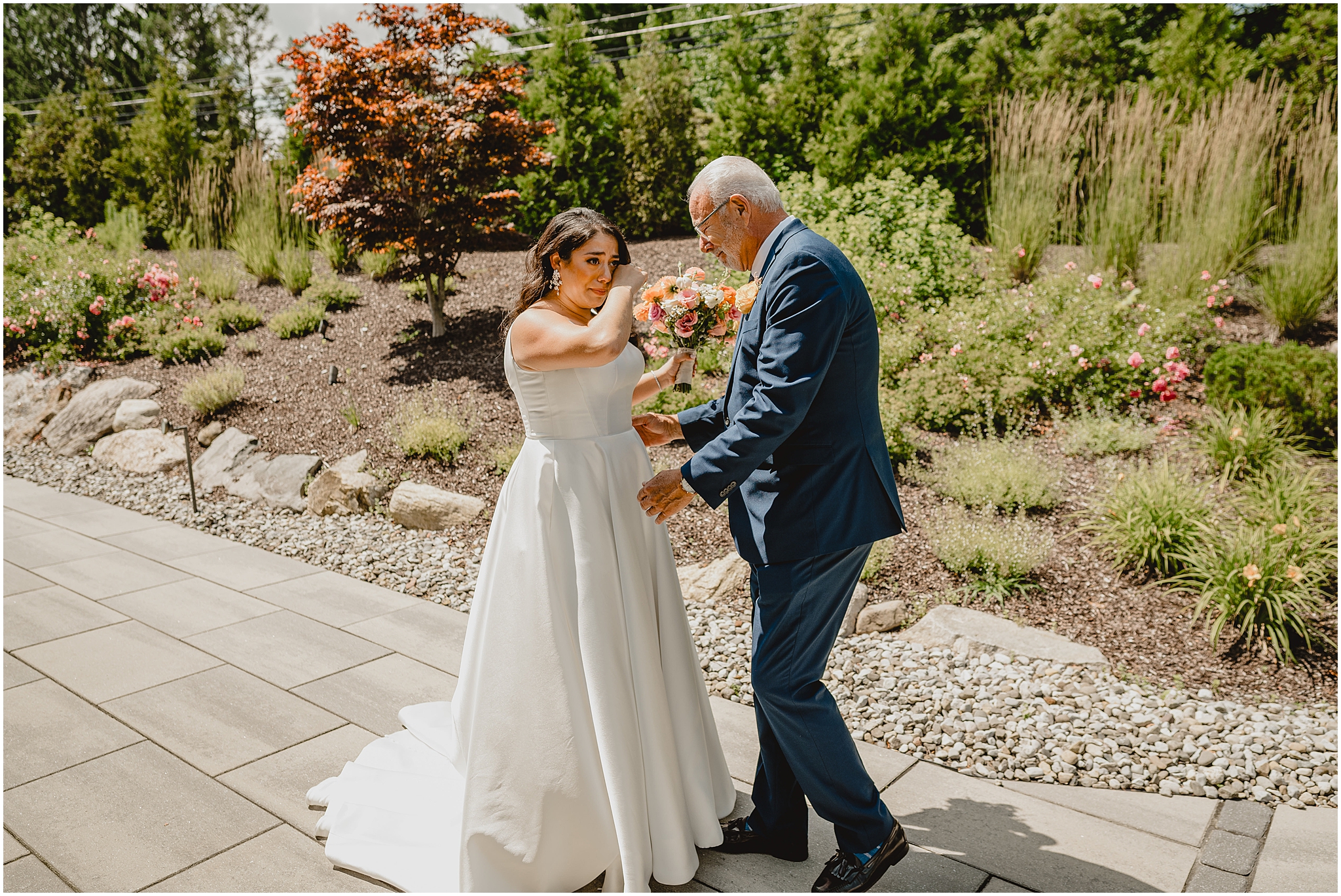 bride cries during first look with father during Andover NJ wedding day