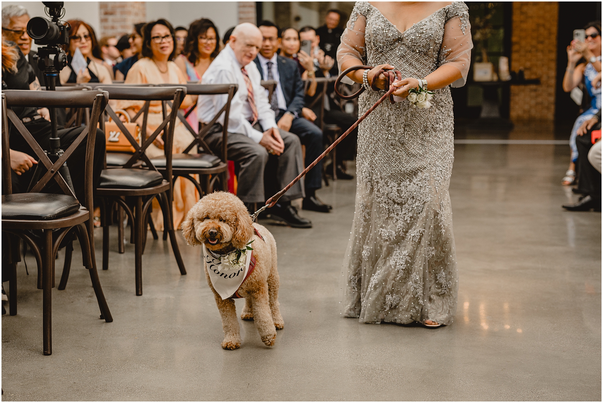 woman in jeweled dress walks goldendoodle down the aisle at the Refinery at Perona Farms