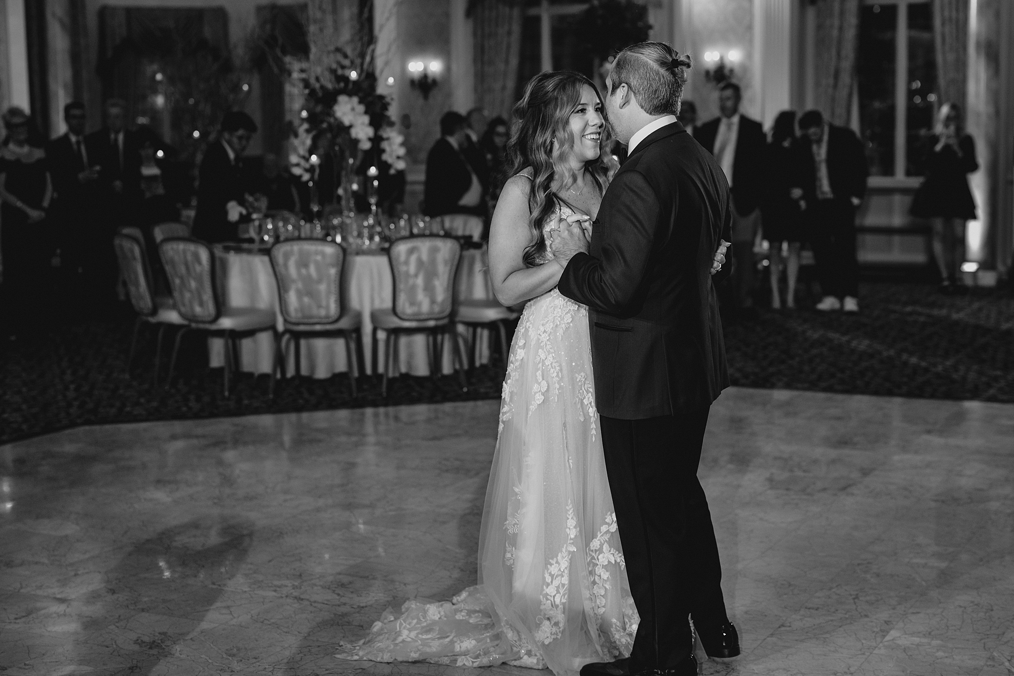 bride and groom dance during West Orange NJ wedding reception at Pleasantdale Chateau