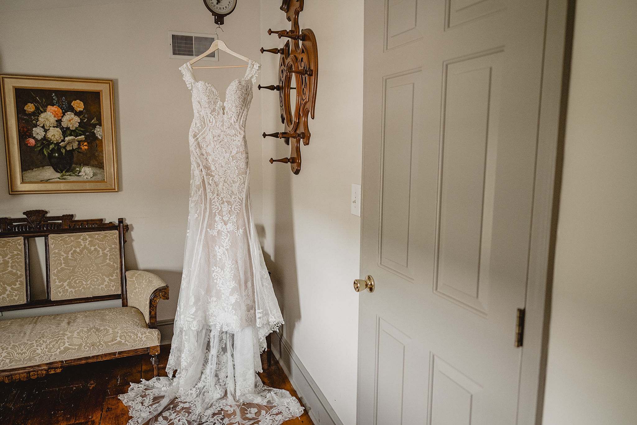 bride's gown hangs in bridal suite at David's Country Inn