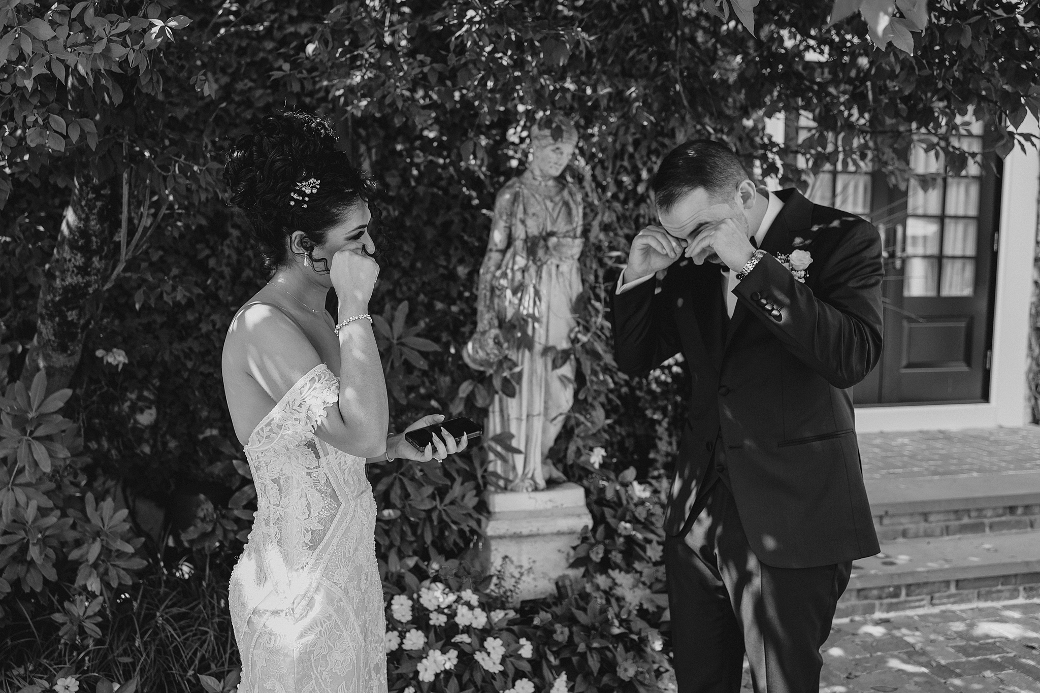 bride and groom cry during emotional first look in Hackettstown NJ