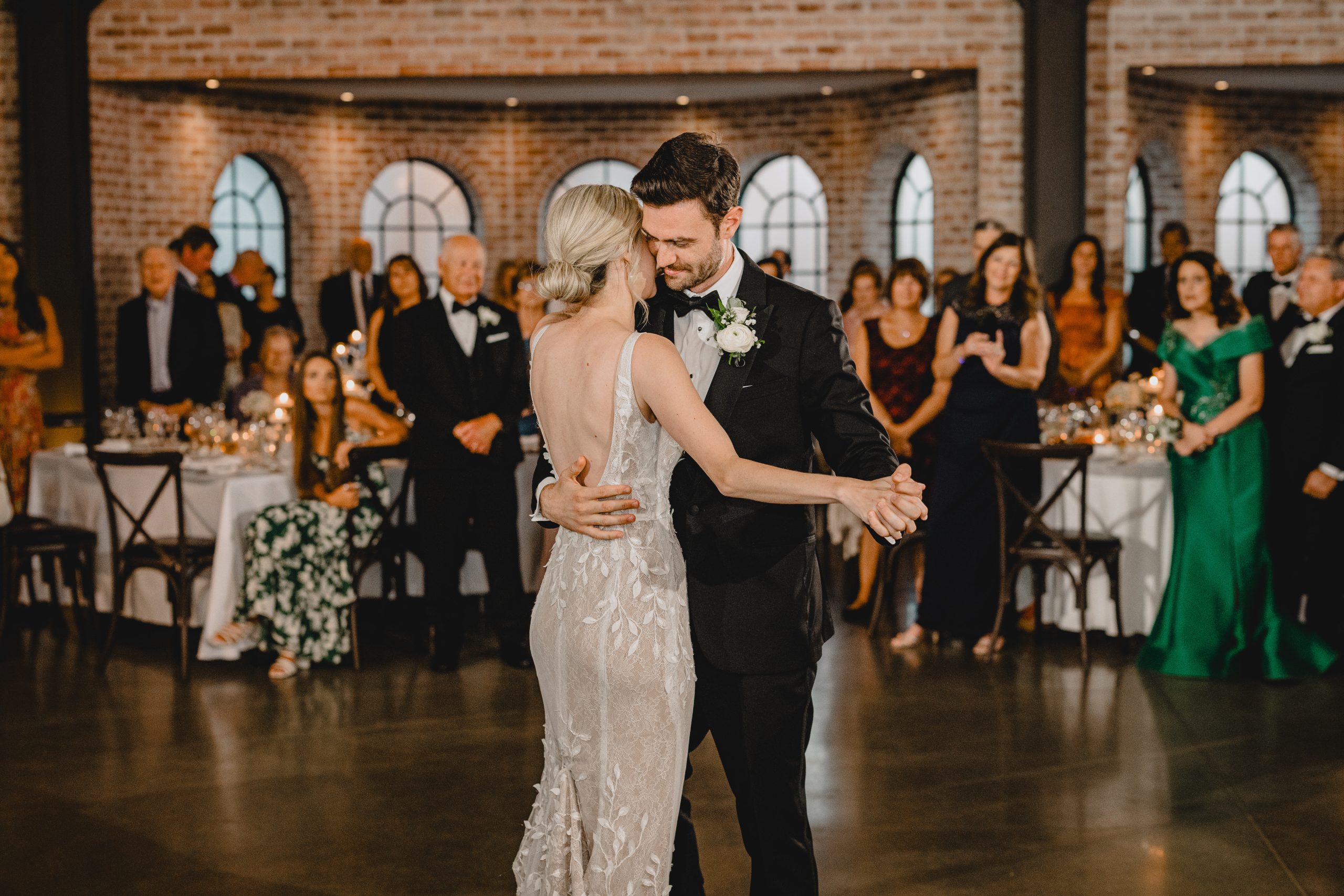 bride and groom dance together during Andover NJ wedding reception at the Perona Farms Refinery