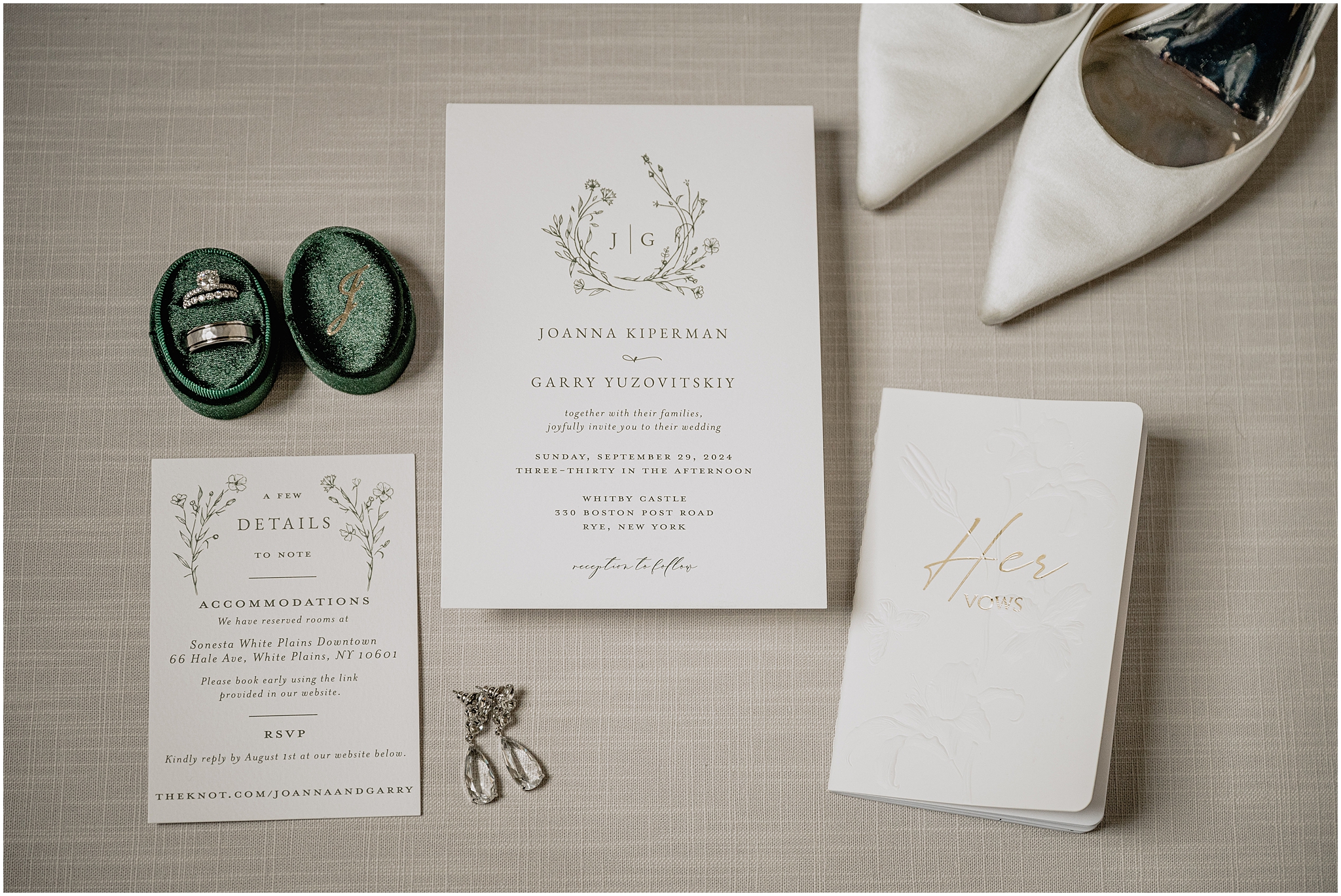 green and white invitation suite for wedding at Whitby Castle