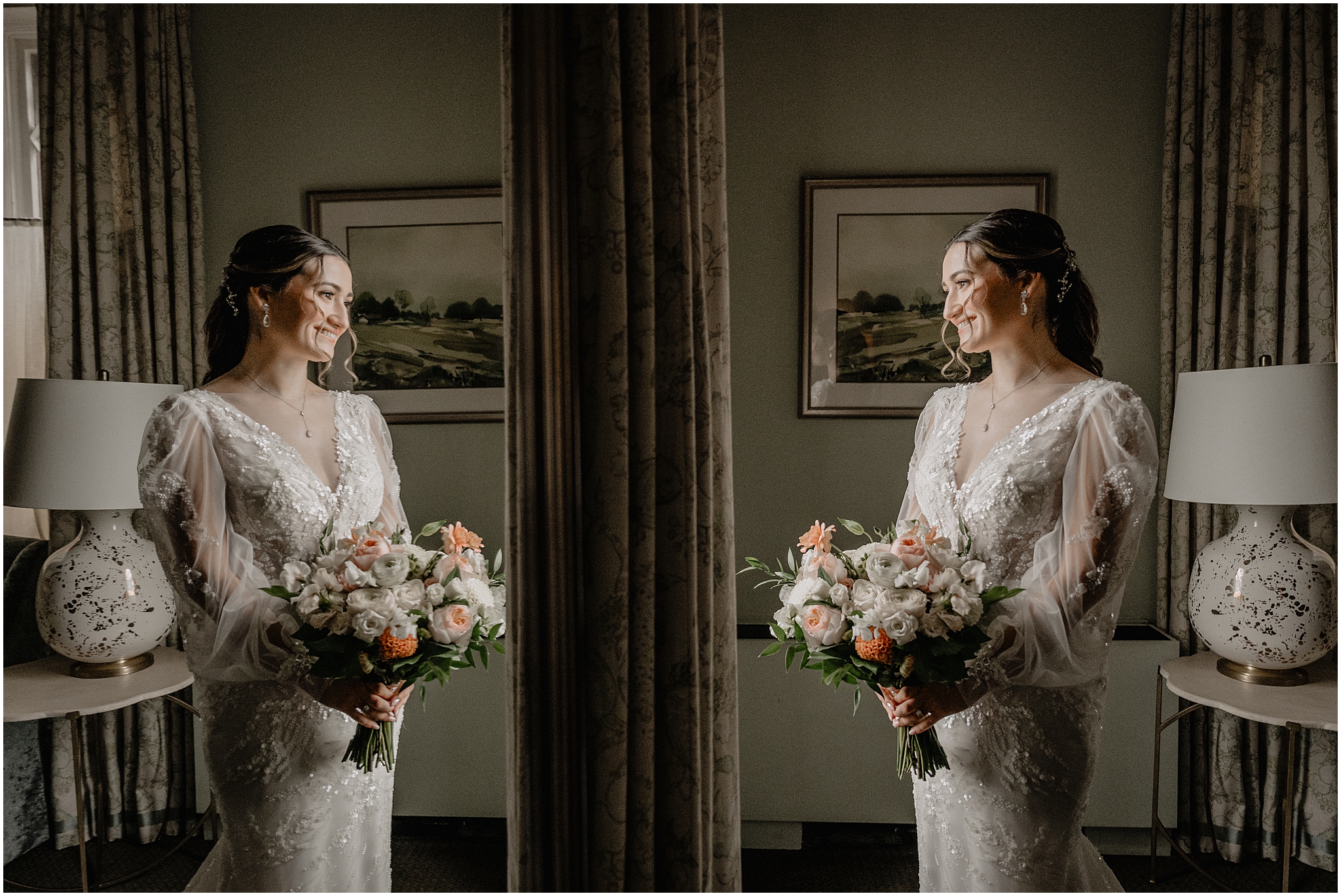 bride holds bouquet of white and peach flowers in wedding gown with lace sleeves