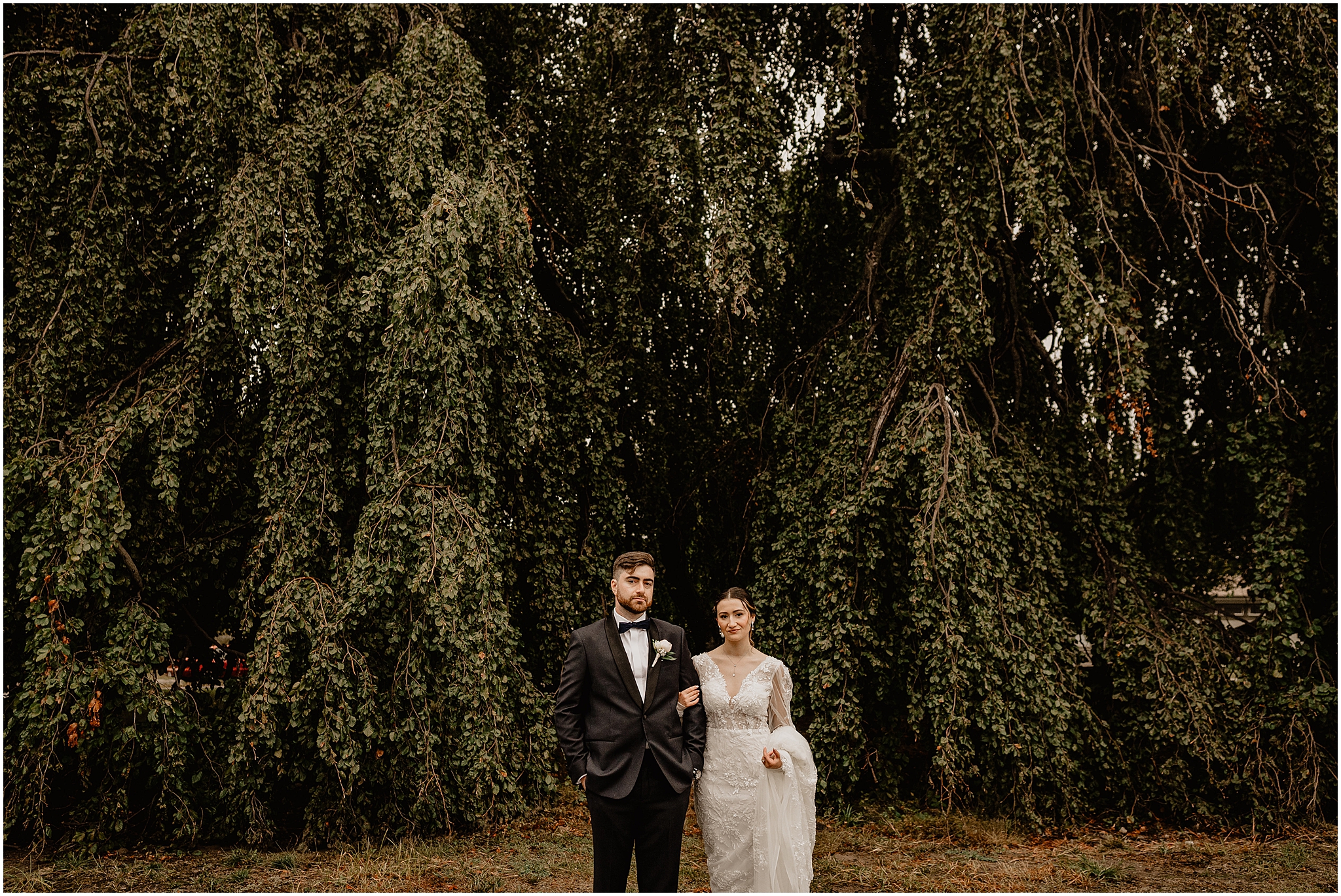 bride and groom hold hands in front of draped green tree at Whitby Castle