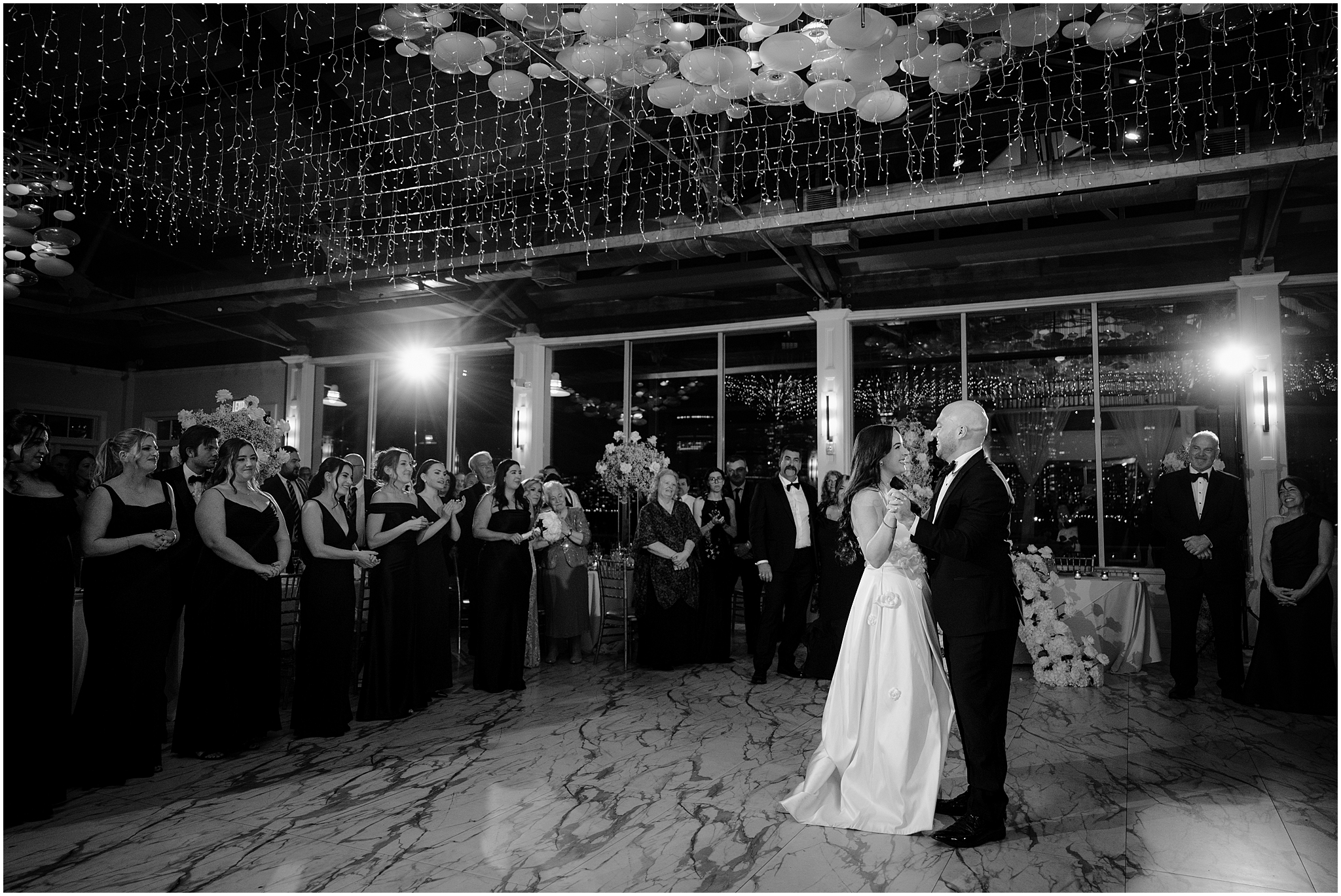 bride and groom dance in ballroom at the Liberty House Restaurant