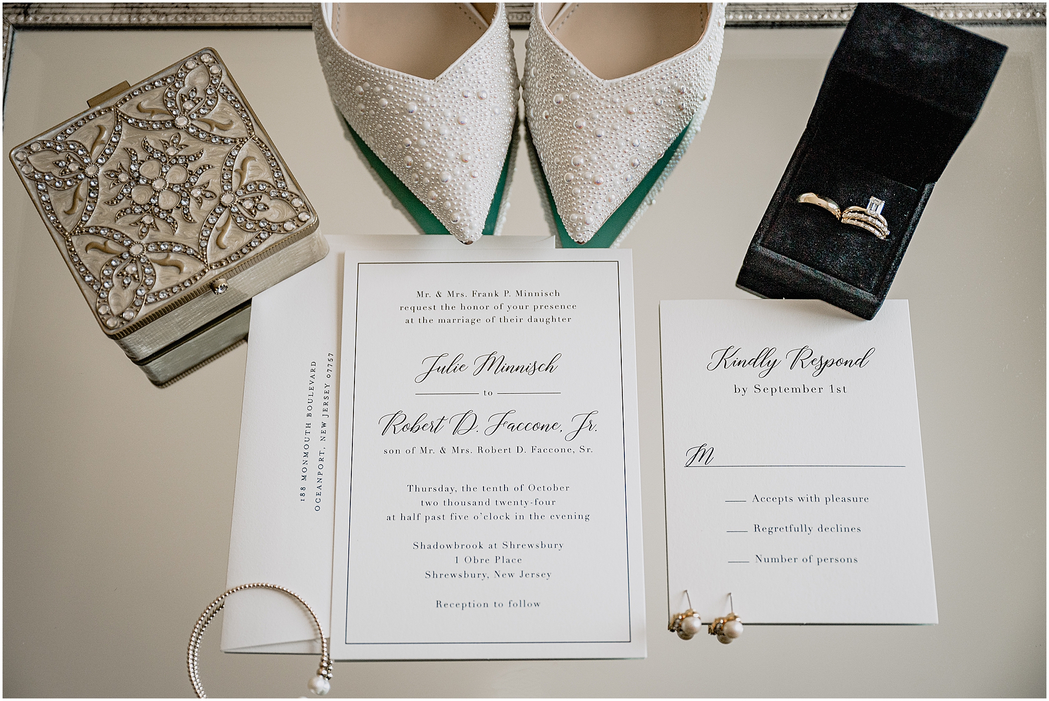 bride's pearl covered shoes with black and white invitation suite for NJ wedding