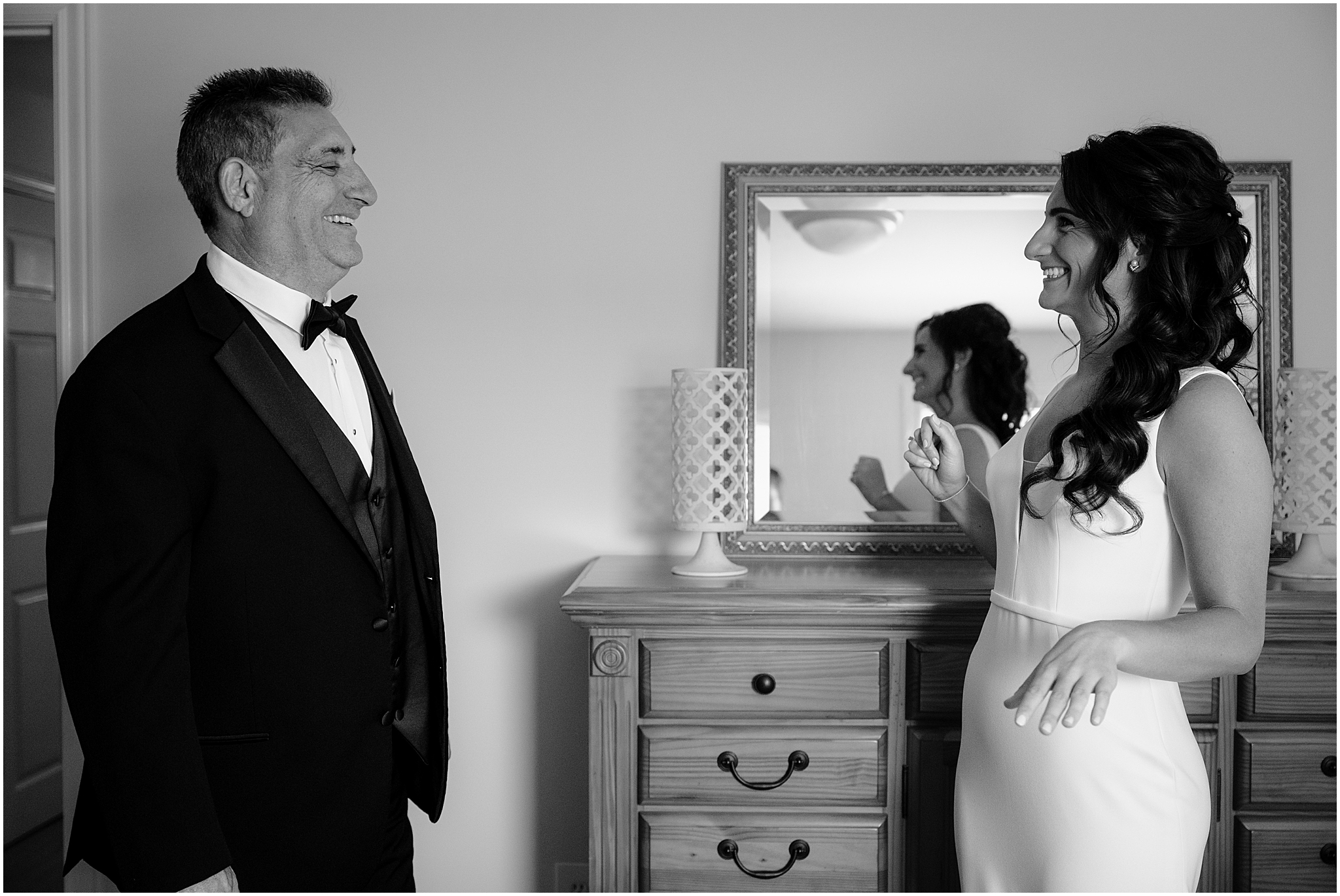 bride and dad have first look in childhood bedroom at home in New Jersey 
