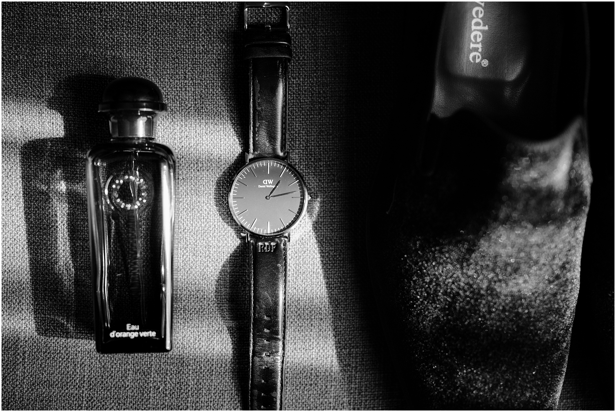 gross watch with leather band and cologne bottle for NJ wedding day